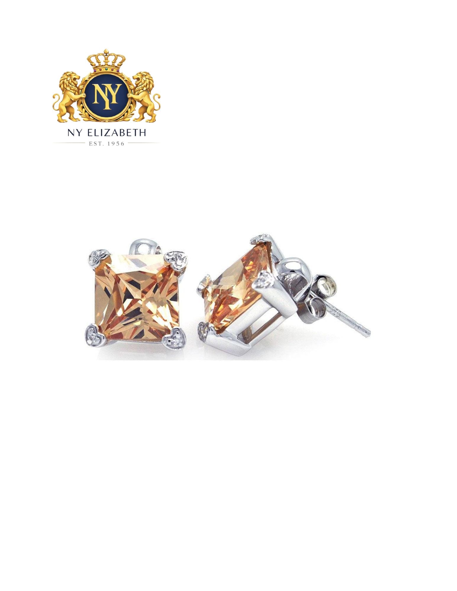 SILVER 925 RHODIUM PLATED SQUARE CHAMPAGNE EARRINGS: Silver 925 Rhodium Plated Square Champagne CZ Earrings Metal: 925 Sterling Silver Plating: Nickel Free Rhodium Plated Stone: 2 champagne 10mm x 10mm Square CZ and 8 clear 1mm Round CZ Dimensions: