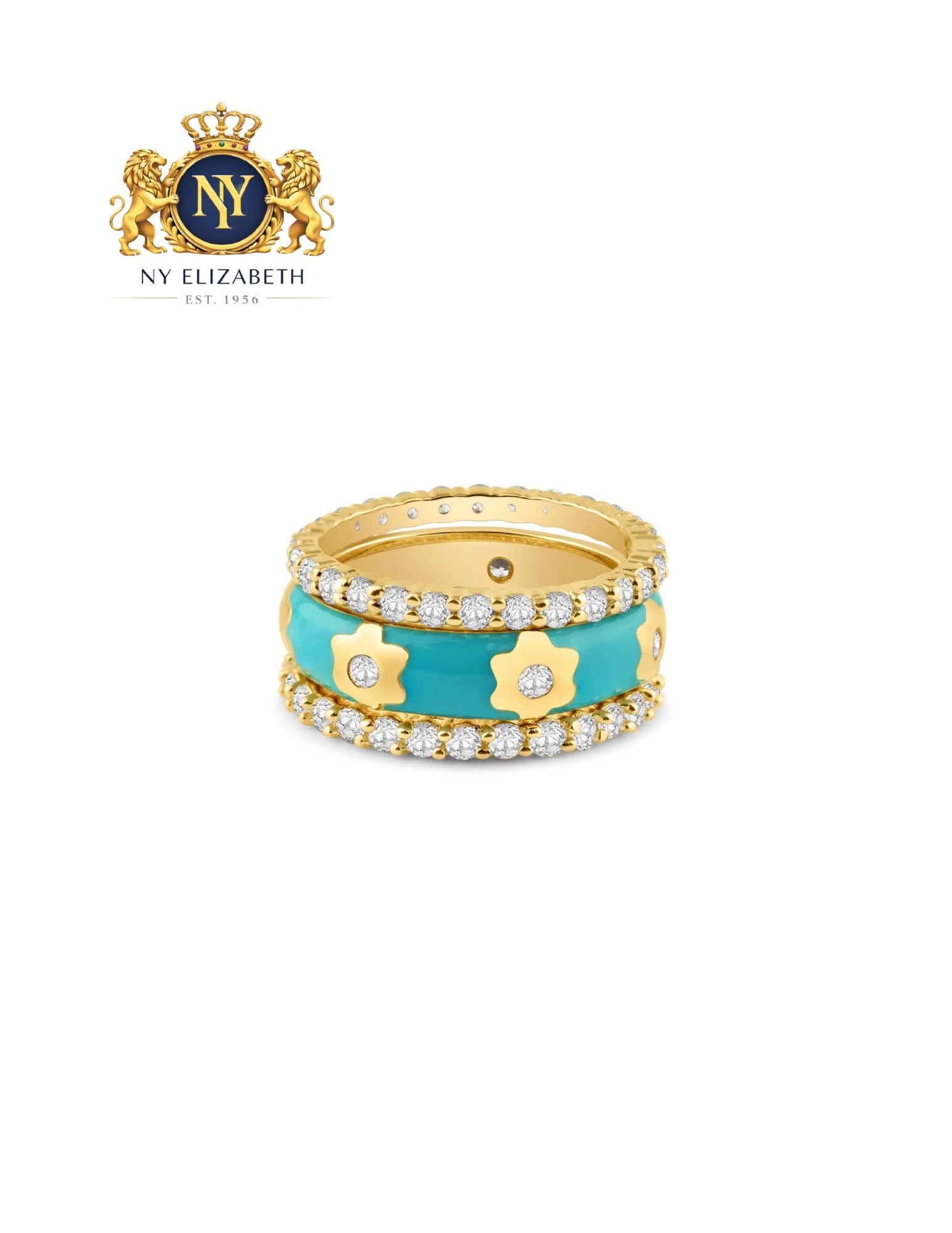 SILVER 925 GOLD PLATED BLUE ENAMEL FLOWER STACKABLE RING SET - 2