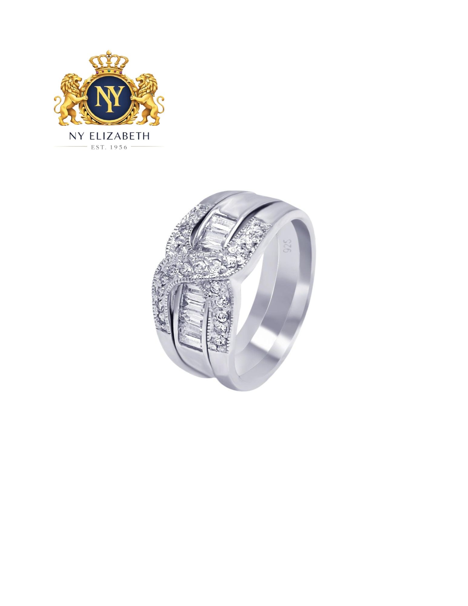 SILVER 925 RHODIUM PLATED CLEAR BAGUETTE OVERLAP RING: Silver 925 Rhodium Plated Clear Baguette CZ Overlap Ring Metal: 925 Sterling Silver Plating: Nickel Free Rhodium Plated Stone: Clear Baguette CZ Ring Size:: 6 US Accessories: None Notice: When purc