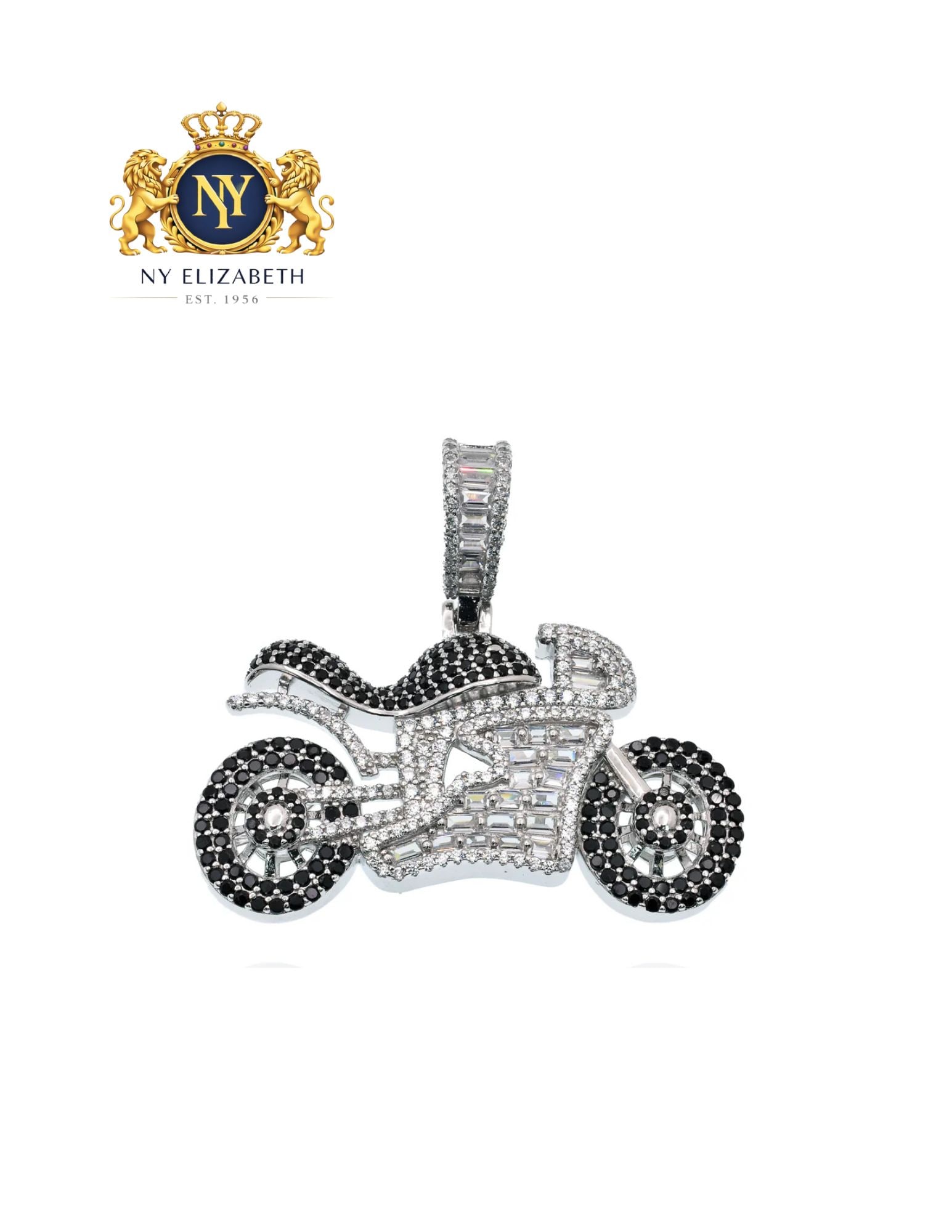 RHODIUM PLATED 925 STERLING SILVER MOTOCYCLE BLACK ROUND AND CLEAR PENDANT: Rhodium Plated 925 Sterling Silver Motocycle Black Round and Clear CZ Pendant Metal: 925 Sterling Silver Plating: Rhodium Plated Stone: Black and Clear CZ Dimensions: 40mm x 22mm Length: None Acce
