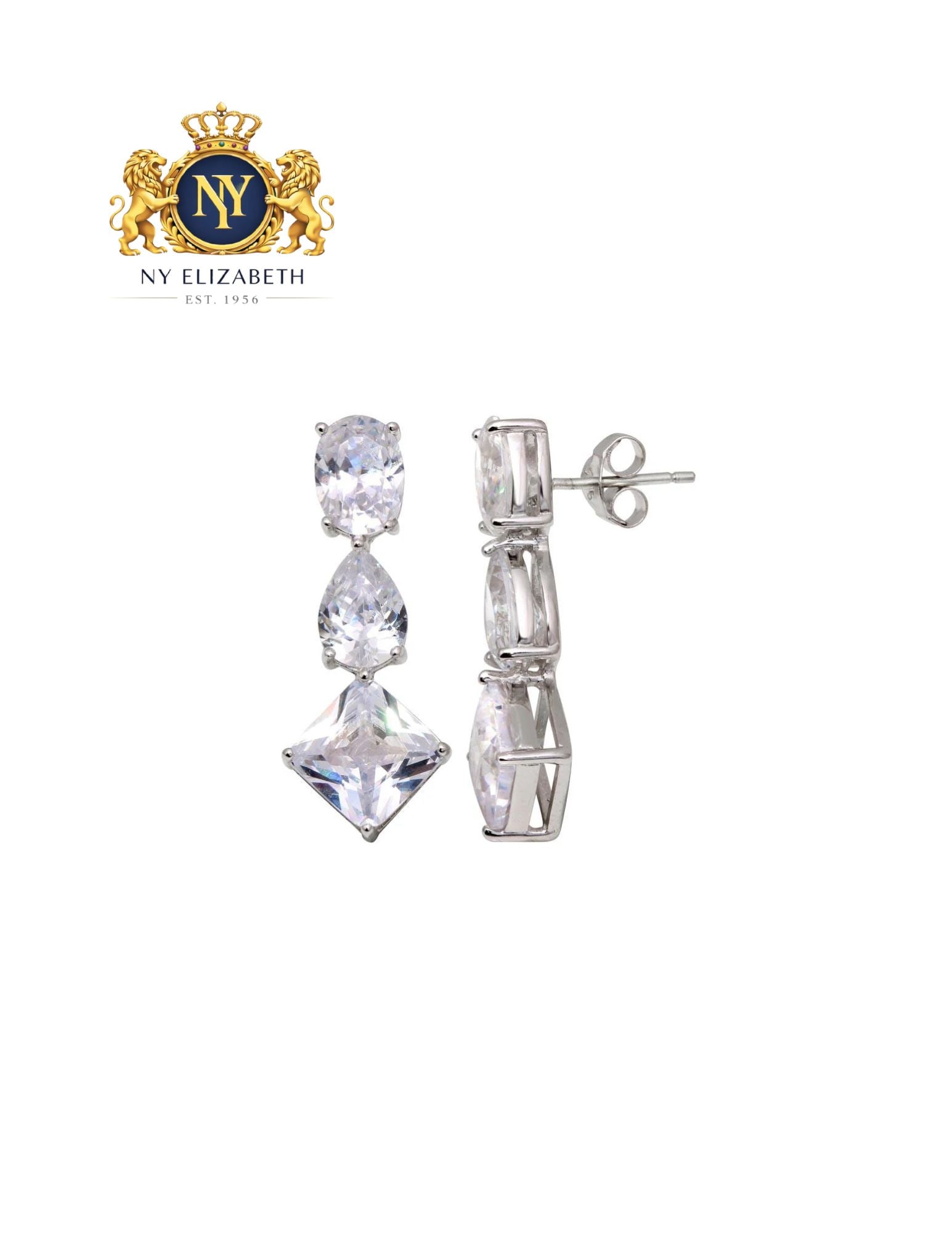 SILVER 925 RHODIUM PLATED THREE GRADUATED EARRINGS: Silver 925 Rhodium Plated Three Graduated CZ Earrings Metal: 925 Sterling Silver Plating: Nickel Free Rhodium Finish Stone: Cubic Zirconia Stones Dimensions: 28.5mm x 11.5mm Length: None Accessori