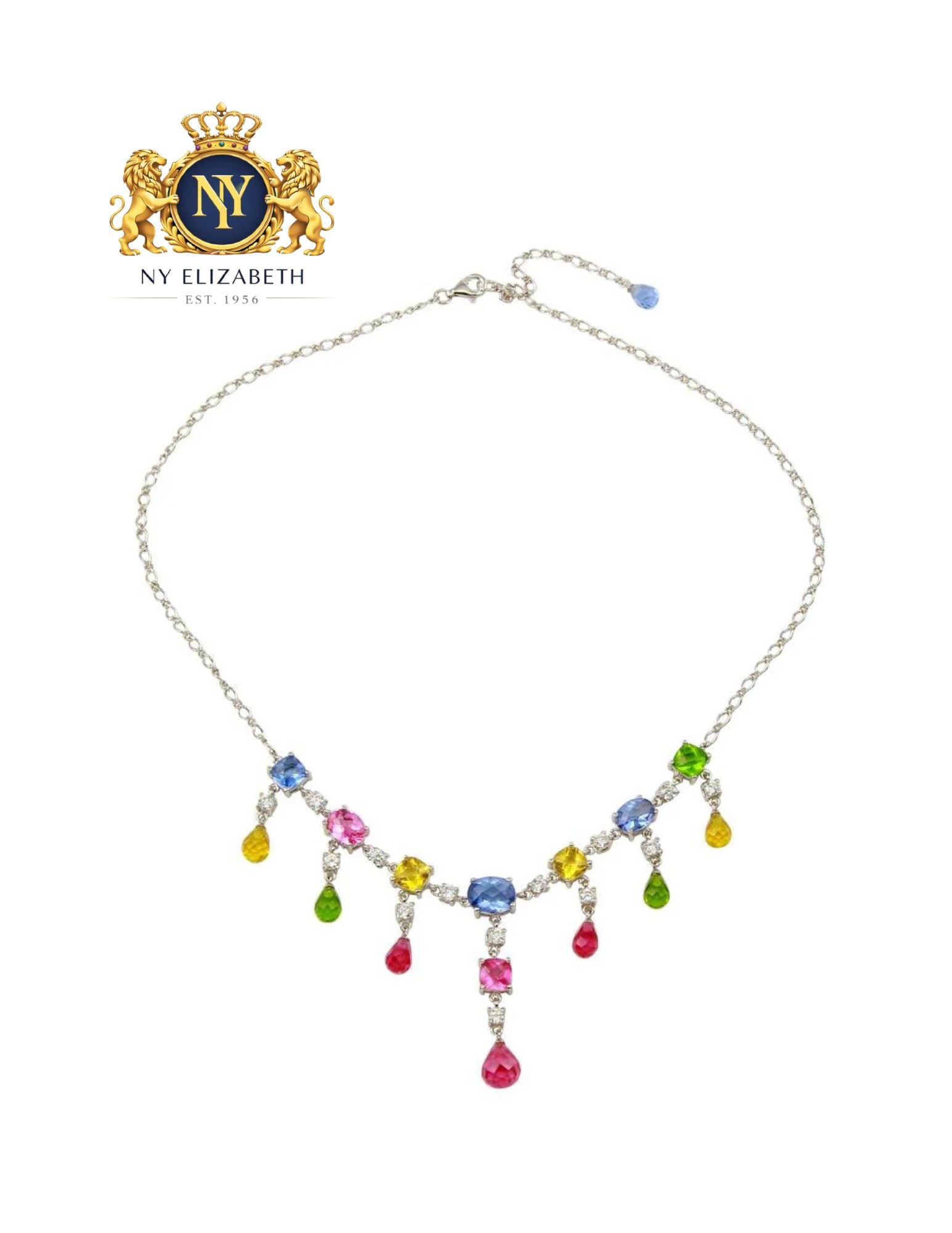 CLEARANCE-RHODIUM PLATED 925 STERLING SILVER MULTI-COLORED NECKLACE: Clearance-Rhodium Plated 925 Sterling Silver Multi-colored CZ Necklace Metal: 925 Sterling Silver Plating: Nickel Free Rhodium Plated Stone: Cubic Zirconia Stones Length: 16 + 2 Inches Extension Acces