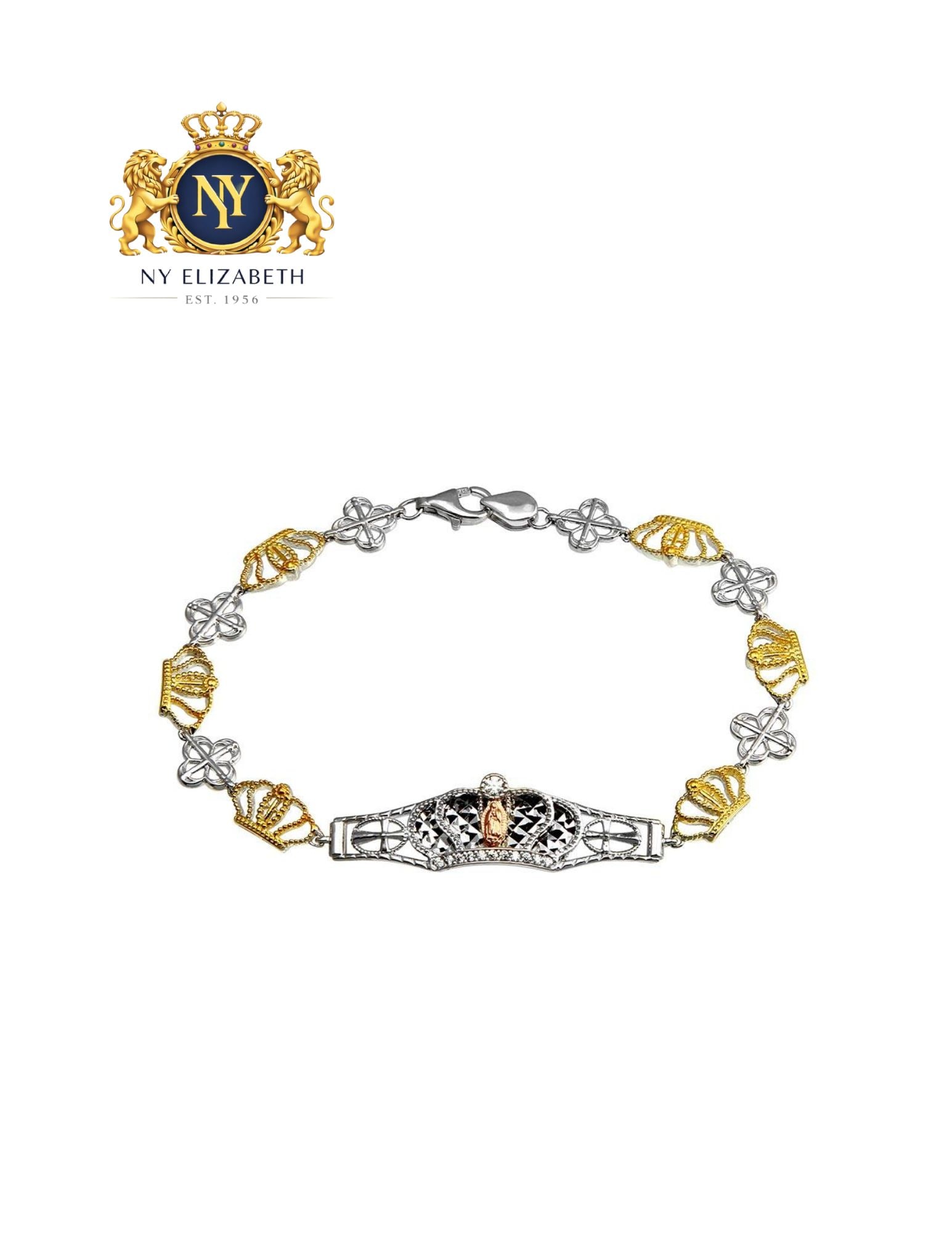 925 STERLING SILVER 2 TONED CROWN TENNIS BRACELET: 925 Sterling Silver 2 Toned Crown Tennis Bracelet Metal: 925 Sterling Silver Plating: Nickel Free Rhodium and Gold Plated Length: 7 Inches Accessories: None Notice: When purchasing pre-owned goods, pl
