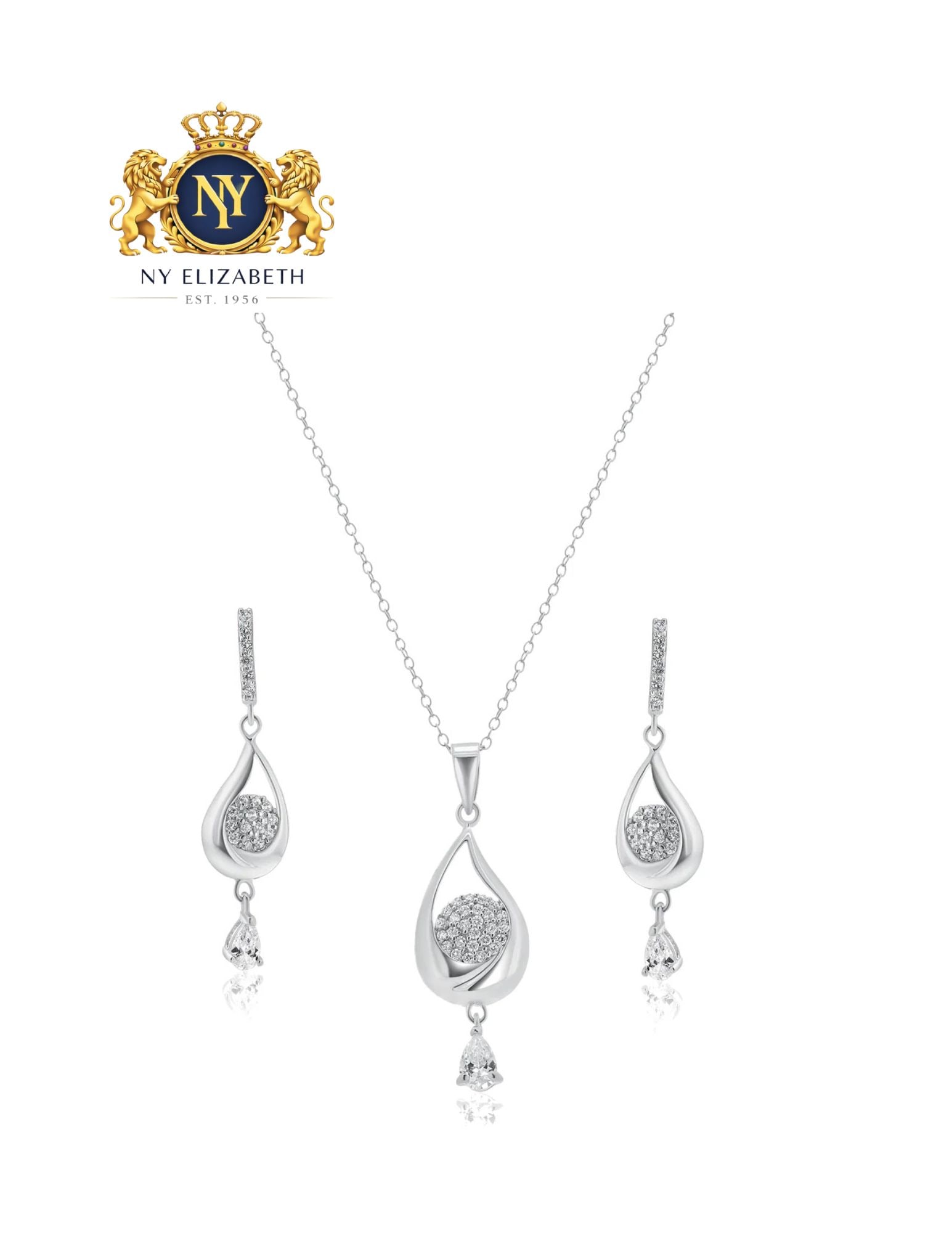SILVER 925 RHODIUM PLATED TEARDROP CLEAR EARRING AND NECKLACE SET: Silver 925 Rhodium Plated Teardrop Clear CZ Earring and Necklace Set Metal: 925 Sterling Silver Plating: Nickel Free Rhodium Plated Stone: Clear Cubic Zirconia Dimensions: Pendant: 36.5mm x12.3 mmEarr