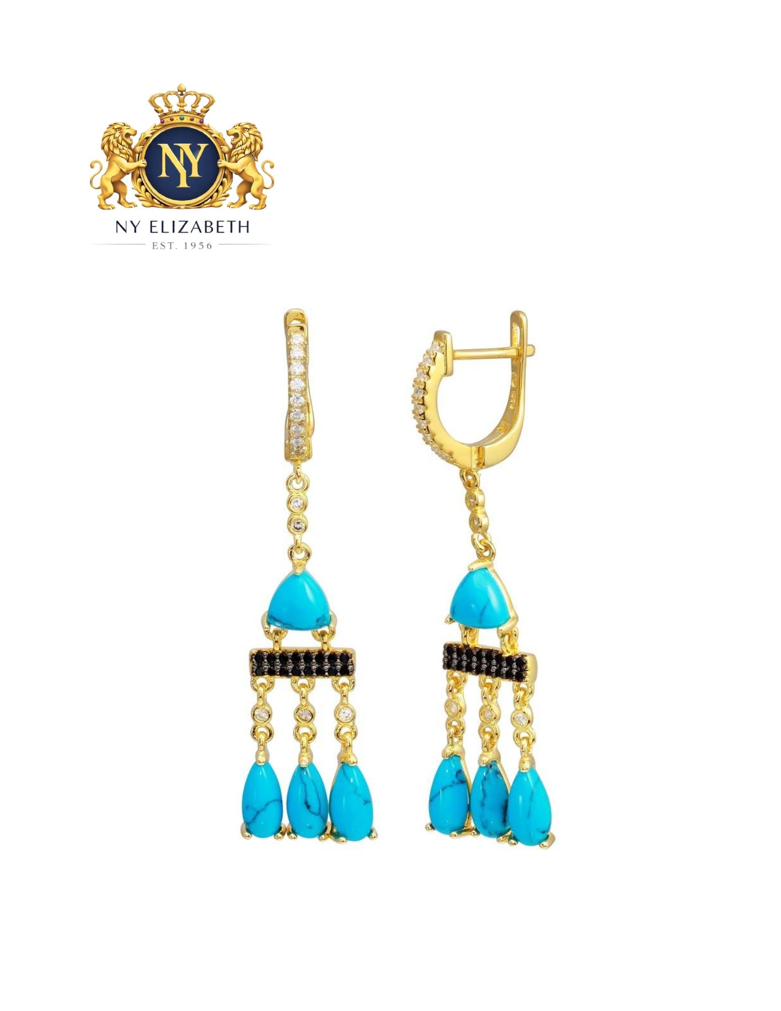 GOLD PLATED 925 STERLING SILVER DANGING AND TURQUOISE EARRING: Gold Plated 925 Sterling Silver Danging CZ and Turquoise Earring Metal: 925 Sterling Silver Plating: Nickel Free Rhodium Plated Stone: Cubic Zironia Stones And Turquoise Stone Dimensions: 12mm x 50mm 