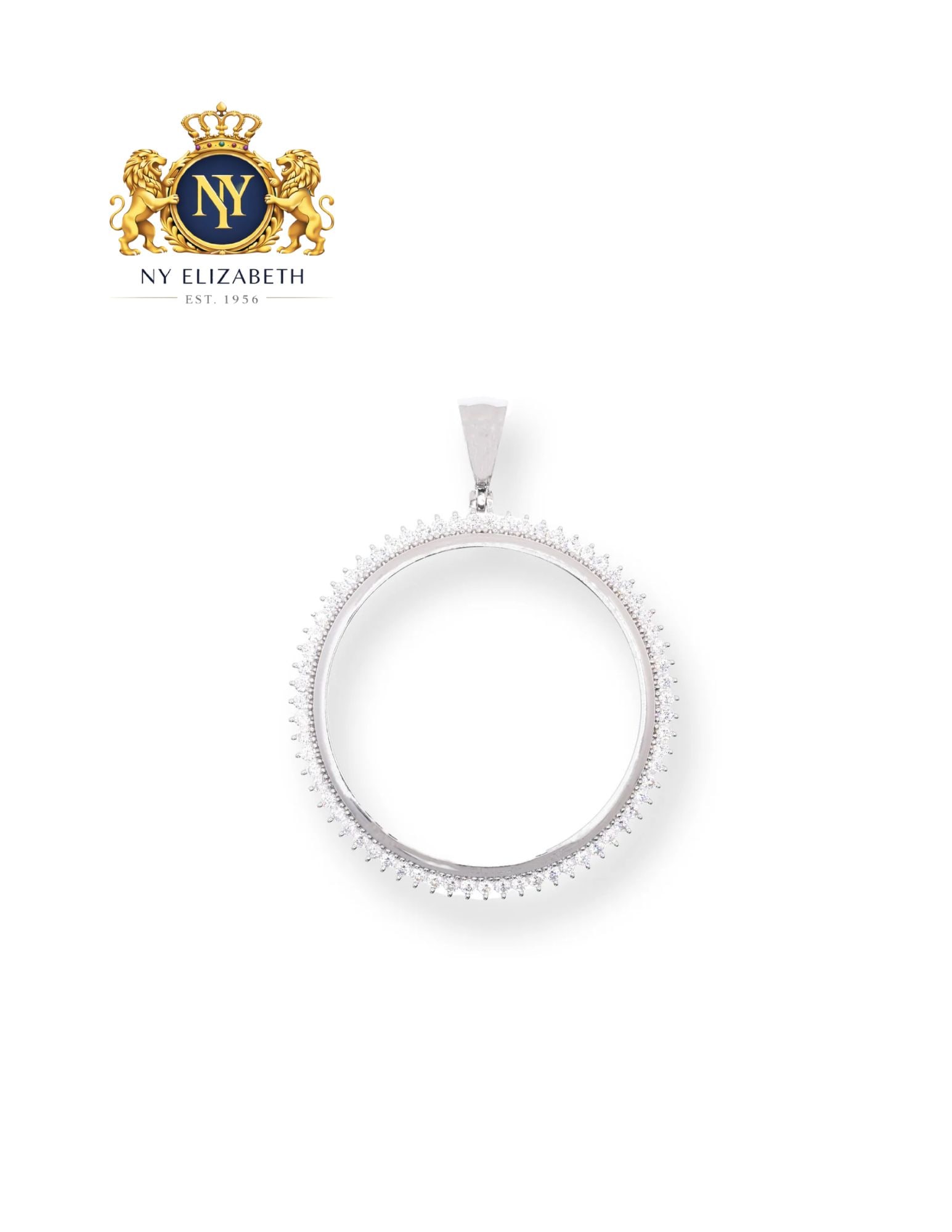 RHODIUM PLATED 925 STERLING SILVER CLEAR PENDANT: Rhodium Plated 925 Sterling Silver Clear CZ Pendant Metal: 925 Sterling Silver Plating: Rhodium Plated Stone: Clear CZ Stones Dimensions: Inner Bezel Measurement: 40.5 mmMeasurement: 49 mm Length: Non