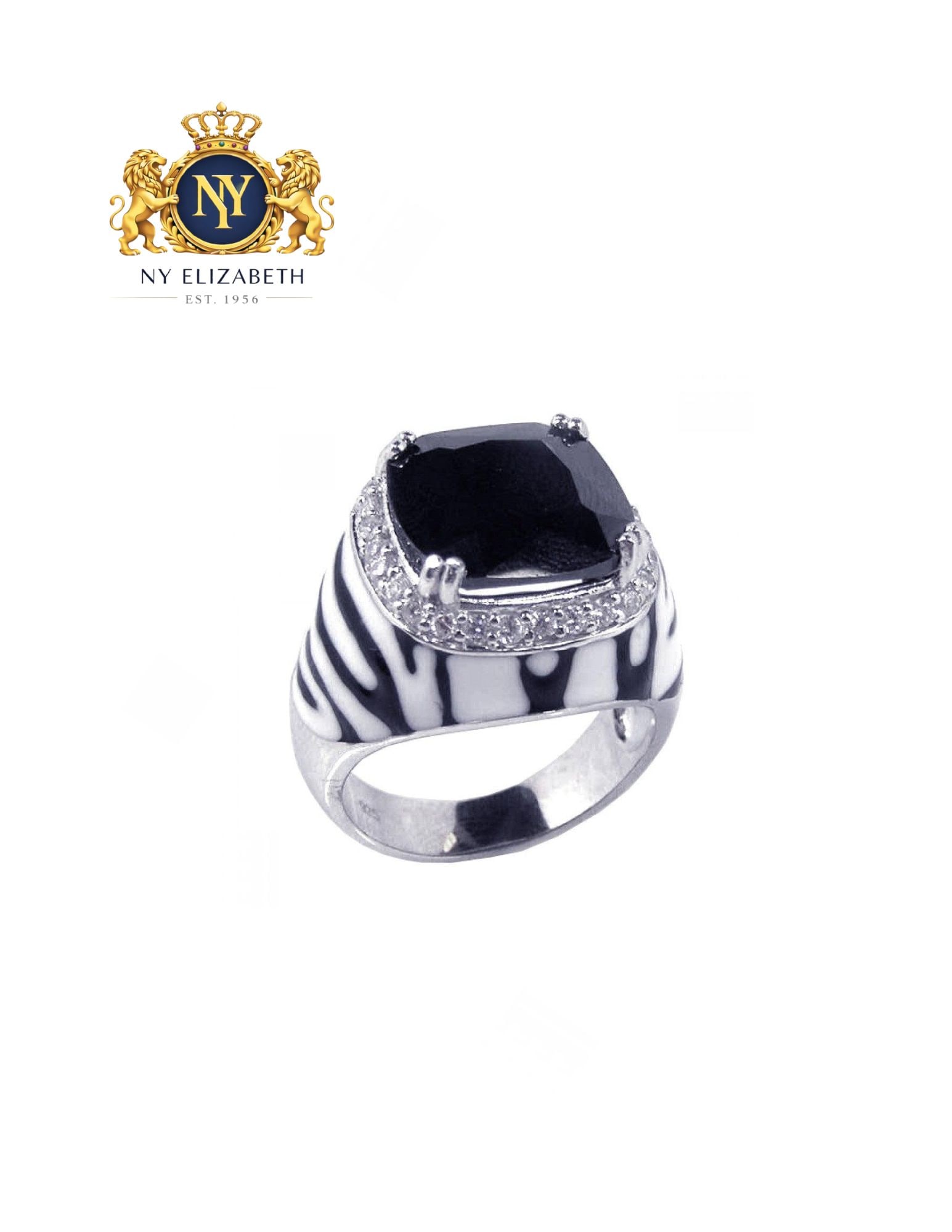 CLEARANCE-SILVER 925 RHODIUM PLATED CLEAR RING: Clearance-Silver 925 Rhodium Plated Clear CZ Ring Metal: 925 Sterling Silver Plating: Nickel Free Rhodium Plated with Black and White Enamel Stone: Clear CZ Stones Ring Size:: 8 US Accessories: None