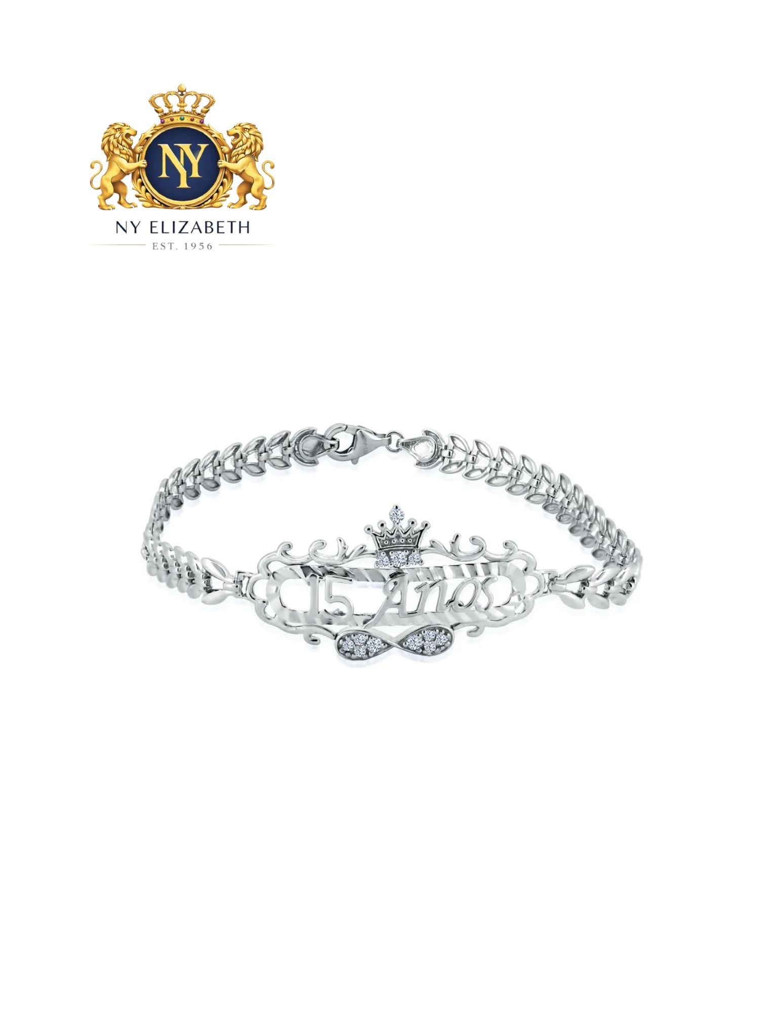 RHODIUM PLATED 925 STERLING SILVER DIAMOND CUT QUINCEA?ERA CROWN INFINITY CLEAR BRACELET: Rhodium Plated 925 Sterling Silver Diamond Cut Quincea?era Crown Infinity Clear CZ Bracelet Metal: 925 Sterling Silver Plating: Rhodium Plated Stone: CZ stones Dimensions: 36mm x 18mm Length: 7 Inches