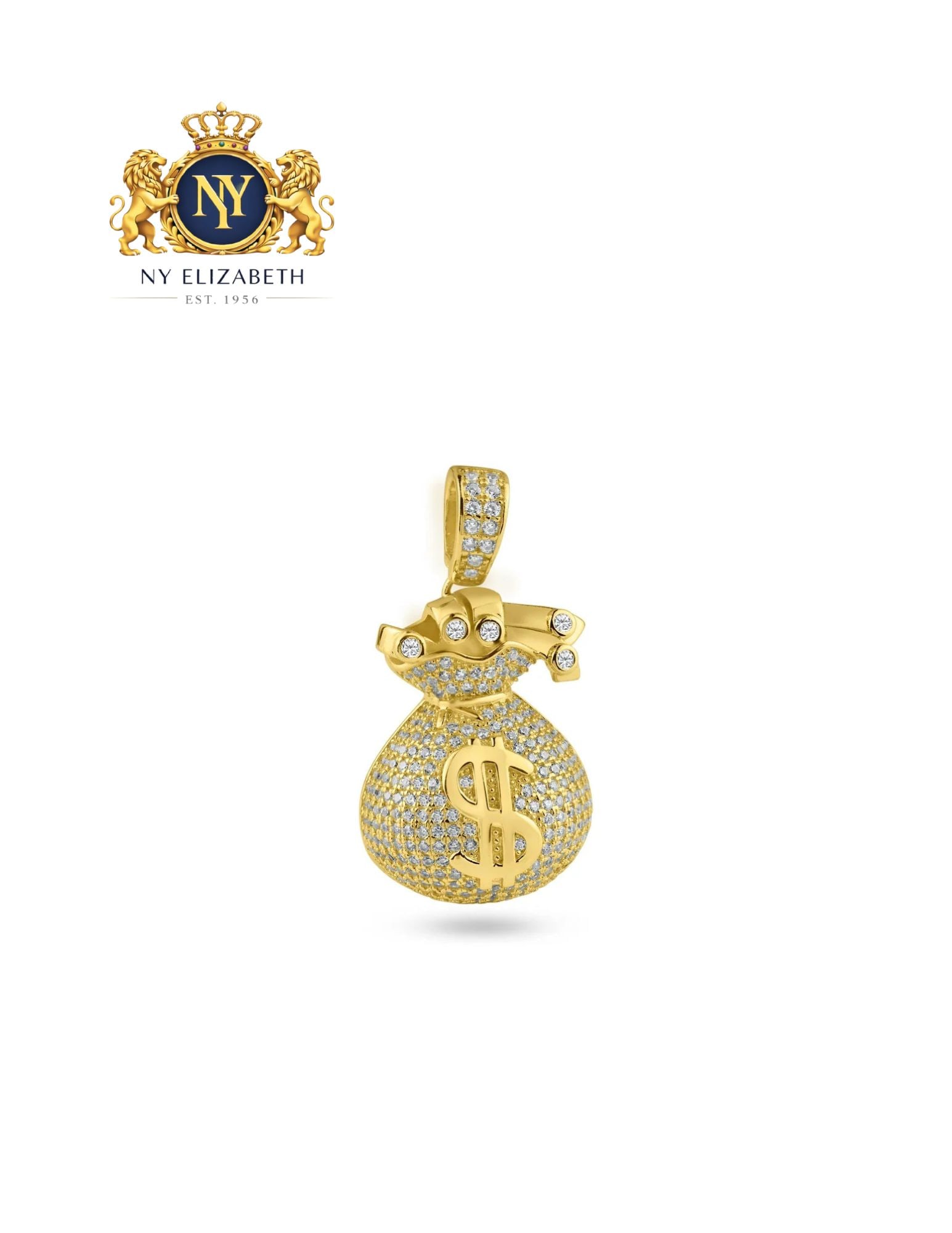 GOLD PLATED 925 STERLING SILVER MONEY BAG HIP HOP PENDANT: Gold Plated 925 Sterling Silver CZ Money Bag Hip Hop Pendant Metal: 925 Sterling Silver Plating: Nickel Free Gold Plated Stone: Cubic Zirconia Stones Dimensions: 21.5mm x 39.4mm Weight: 9.9 grams
