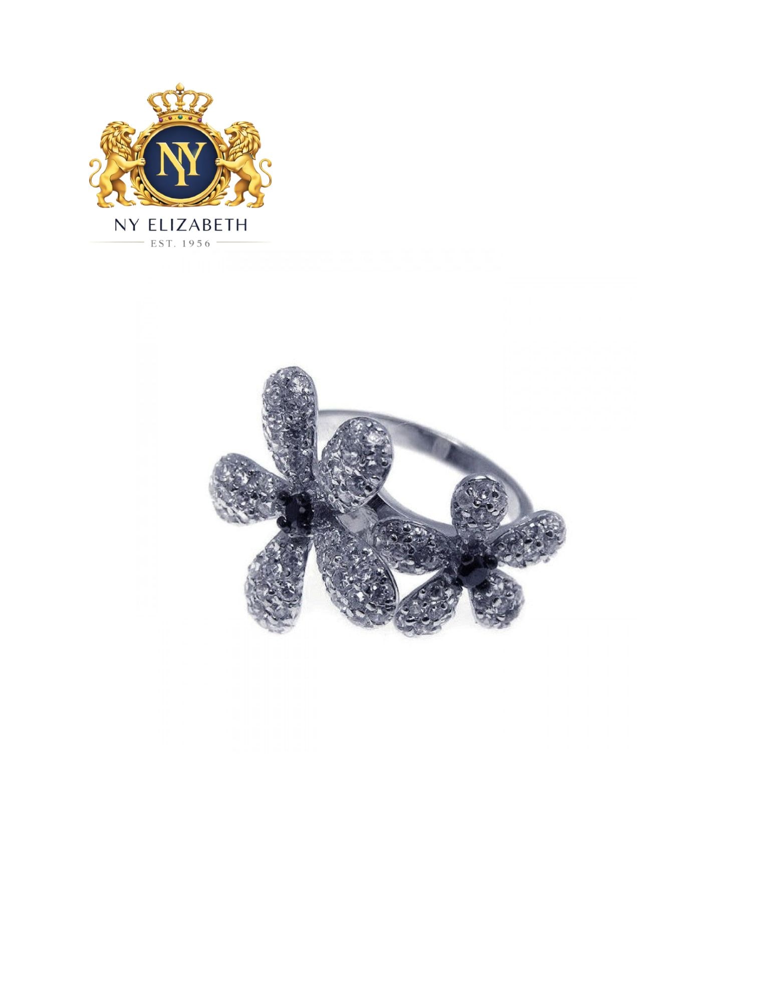 CLEARANCE-SILVER 925 RHODIUM PLATED BLACK FLOWER RING: Clearance-Silver 925 Rhodium Plated Black CZ Flower Ring Metal: 925 Sterling Silver Plating: Nickel Free Rhodium Plated with Zebra Enamel Stone: CZ Stones Dimensions: 20mm x 30mm Length: None Acce