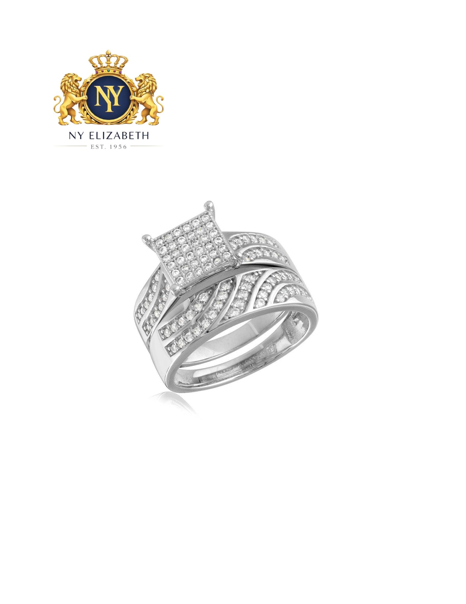 RHODIUM PLATED 925 STERLING SILVER WAVE CENTER STONES WEDDING RING: Rhodium Plated 925 Sterling Silver Wave CZ Center Stones Wedding Ring Metal: 925 Sterling Silver Plating: Nickel Free Rhodium Plated Stone: Cubic Zirconia Stones Ring Size:: 9 US Accessories: None