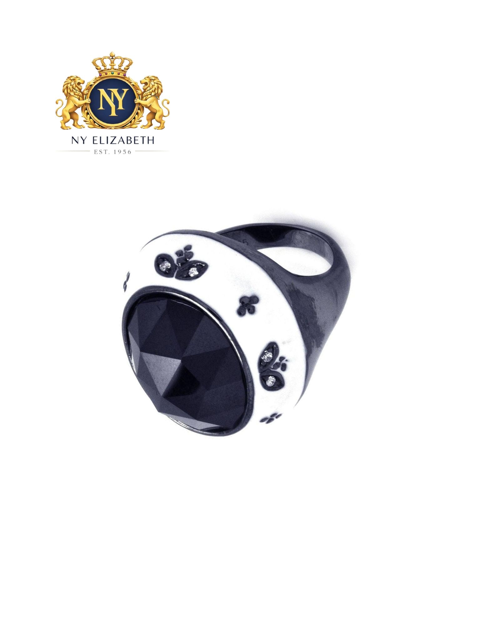CLEARANCE-SILVER 925 BLACK RHODIUM PLATED CLEAR RING: Clearance-Silver 925 Black Rhodium Plated Clear CZ Ring Metal: 925 Sterling Silver Plating: Nickel Free Black Rhodium Plated with White Enamel Stone: Clear CZ Stone Ring Size:: 7 US Accessories: None 