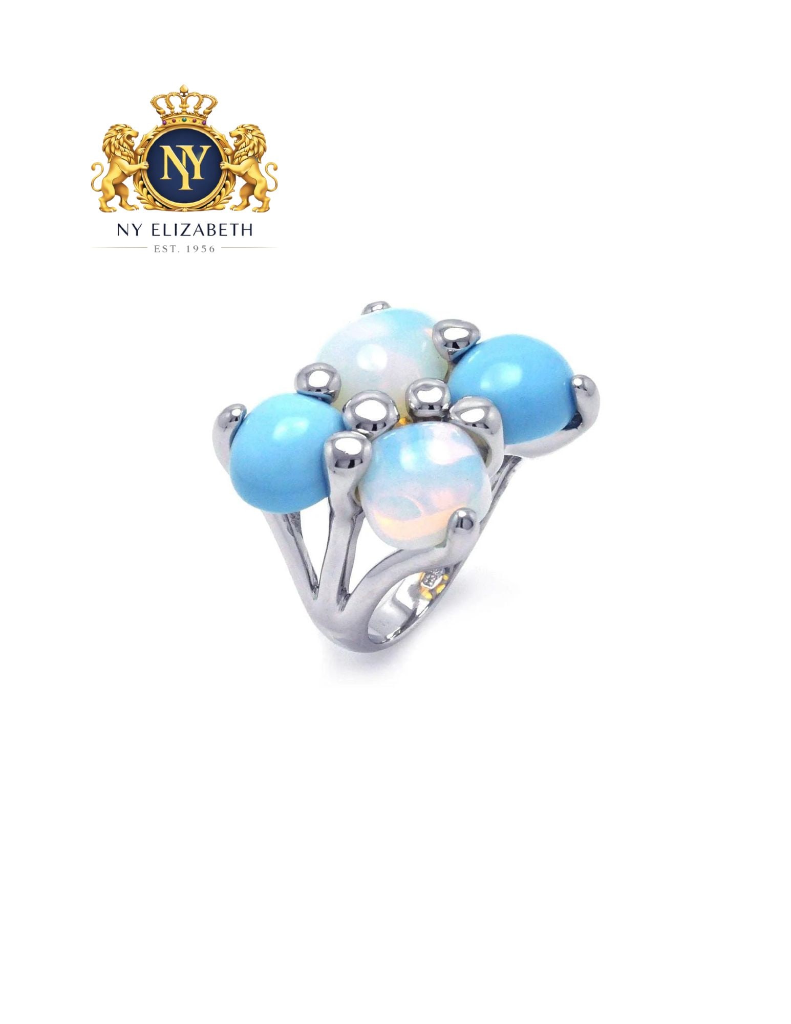 CLEARANCE-SILVER 925 RHODIUM PLATED RING: Clearance-Silver 925 Rhodium Plated Ring Metal: 925 Sterling Silver Plating: Nickel Free Rhodium Plated Stone: Turquoise and Opal gemstones Ring Size:: 5 US Accessories: None Notice: When purchasin