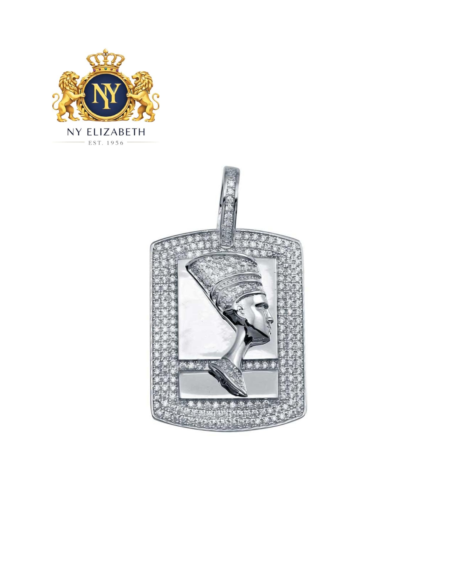 RHODIUM PLATED 925 STERLING SILVER EGYPTIAN NEFERTITI HIP HOP PENDANT: Rhodium Plated 925 Sterling Silver CZ Egyptian Nefertiti Hip Hop Pendant Metal: 925 Sterling Silver Plating: Rhodium Plated Dimensions: 43.6mm x 24.8mm Weight: 10.3 Grams Length: None Accessories: