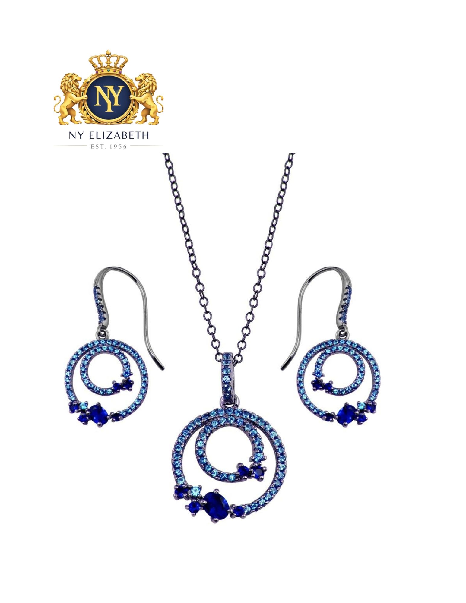 RHODIUM PLATED 925 STERLING SILVER EARRINGS AND NECKLACE SET BLUE CZ: Rhodium Plated 925 Sterling Silver Earrings and Necklace Set Blue CZ Metal: 925 Sterling Silver Plating: Nickel Free Black Rhodium Plated Stone: Cubic Zirconia Stones Dimensions: Pendant Dimensions: