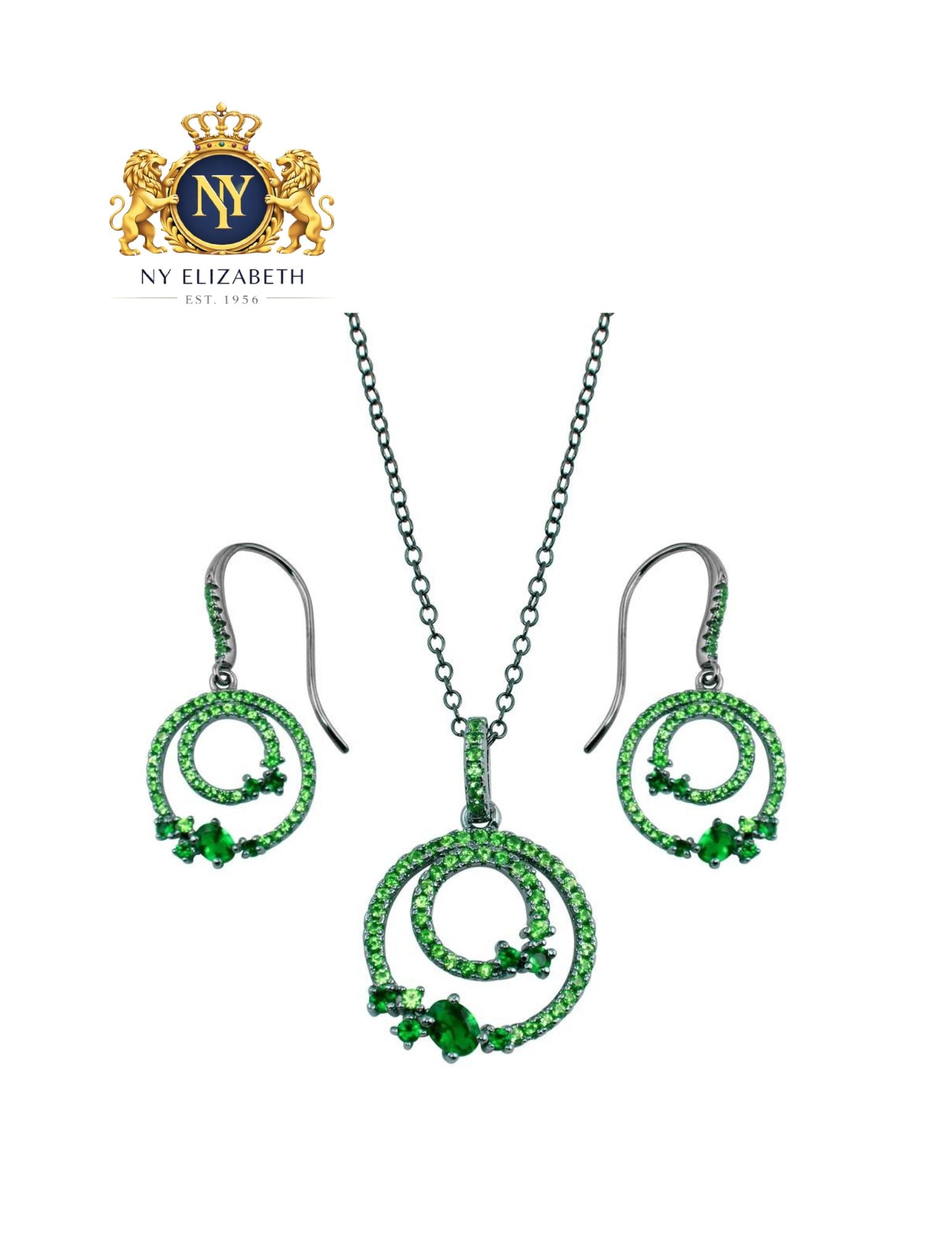 RHODIUM PLATED 925 STERLING SILVER EARRINGS AND NECKLACE SET GREEN CZ: Rhodium Plated 925 Sterling Silver Earrings and Necklace Set Green CZ Metal: 925 Sterling Silver Plating: Nickel Free Black Rhodium Plated Stone: Cubic Zirconia Stones Dimensions: Pendant Dimensions: 