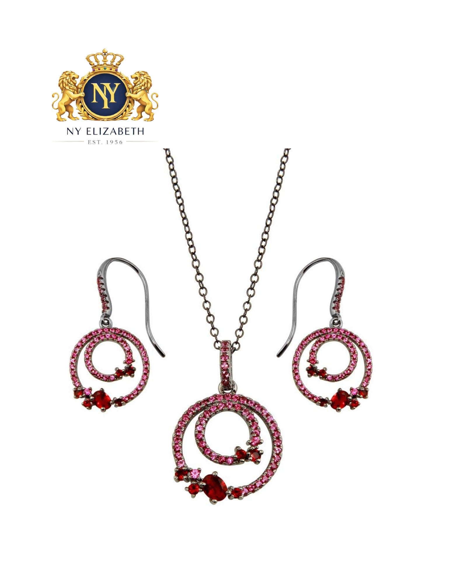 RHODIUM PLATED 925 STERLING SILVER EARRINGS AND NECKLACE SET RED CZ: Rhodium Plated 925 Sterling Silver Earrings and Necklace Set Red CZ Metal: 925 Sterling Silver Plating: Nickel Free Black Rhodium Plated Stone: Cubic Zirconia Stones Dimensions: Pendant Dimensions: 16