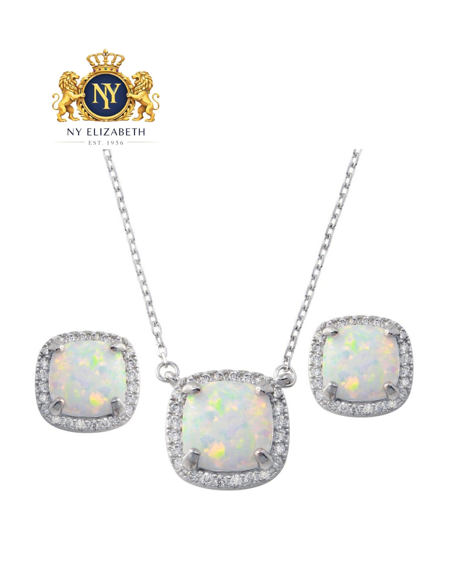 RHODIUM PLATED 925 STERLING SILVER SQUARE SET: Rhodium Plated 925 Sterling Silver Square Set Metal: 925 Sterling Silver Plating: Nickel Free Rhodium Plated Stone: Synthetic Opal / Cubic Zirconia Stones Dimensions: Pendant Dimensions: 11.7mmEarring