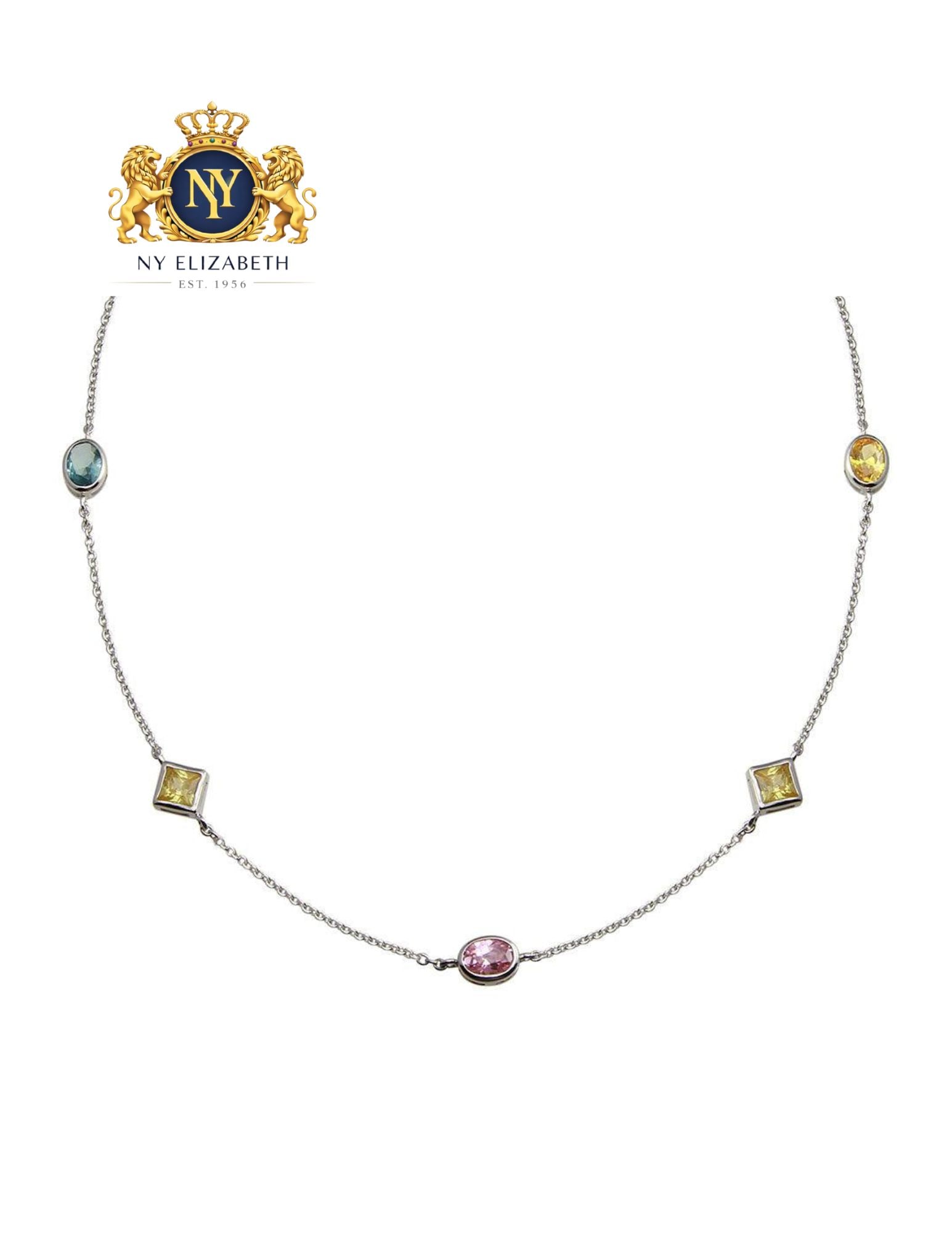 RHODIUM PLATED 925 STERLING SILVER MULTI COLOR NECKLACE: Rhodium Plated 925 Sterling Silver Multi Color CZ Necklace Metal: 925 Sterling Silver Plating: Nickel Free Rhodium Plated Stone: Cubic Zirconia Stones Length: 16 + 2 Inches Extension Accessories: None