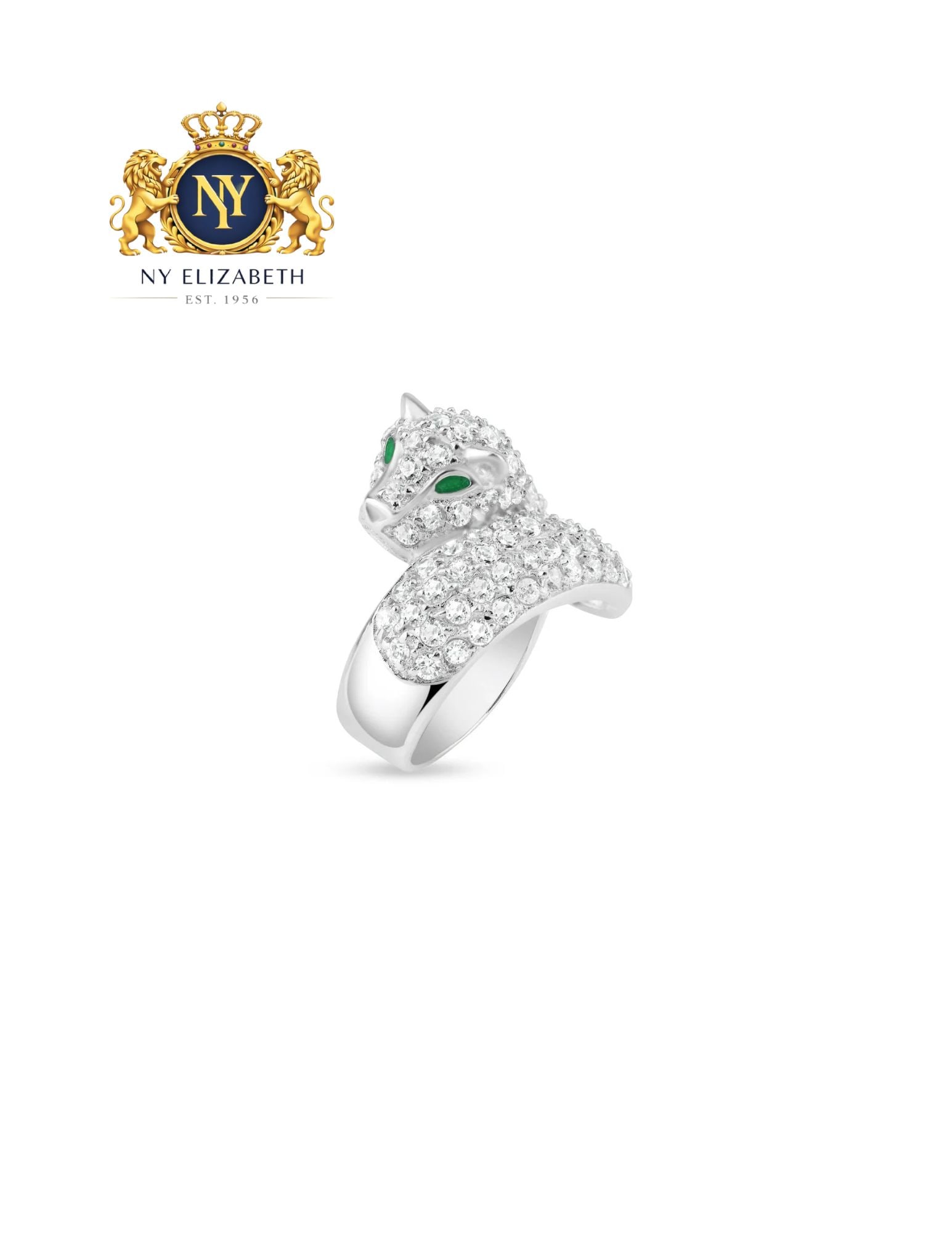 SILVER 925 RHODIUM PLATED PAVE SET TIGER FACE RING: Silver 925 Rhodium Plated Pave Set CZ Tiger Face Ring Metal: 925 Sterling Silver Plating: Nickel Free Rhodium Plated with Green Enamel Stone: Clear CZ Stones Ring Size:: 5 US Accessories: None Noti