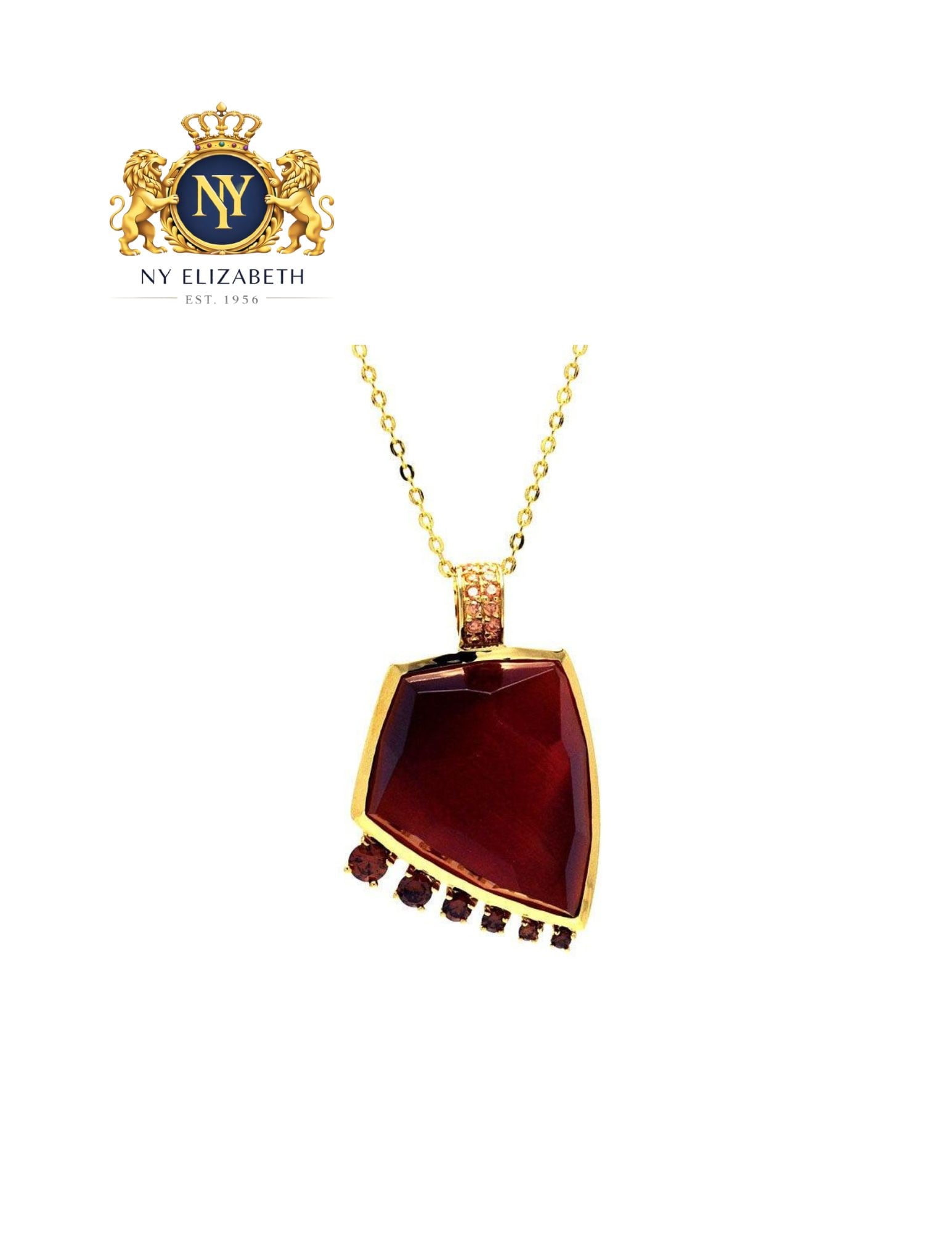 CLEARANCE-SILVER 925 GOLD PLATED RED NECKLACE: Clearance-Silver 925 Gold Plated Red CZ Necklace Metal: 925 Sterling Silver Plating: Nickel Free Gold Plated Stone: 1 Kite Sandstone ; 18 Cubic Zirconia Stones Dimensions: Pendant: 32mm x 29mm Length:
