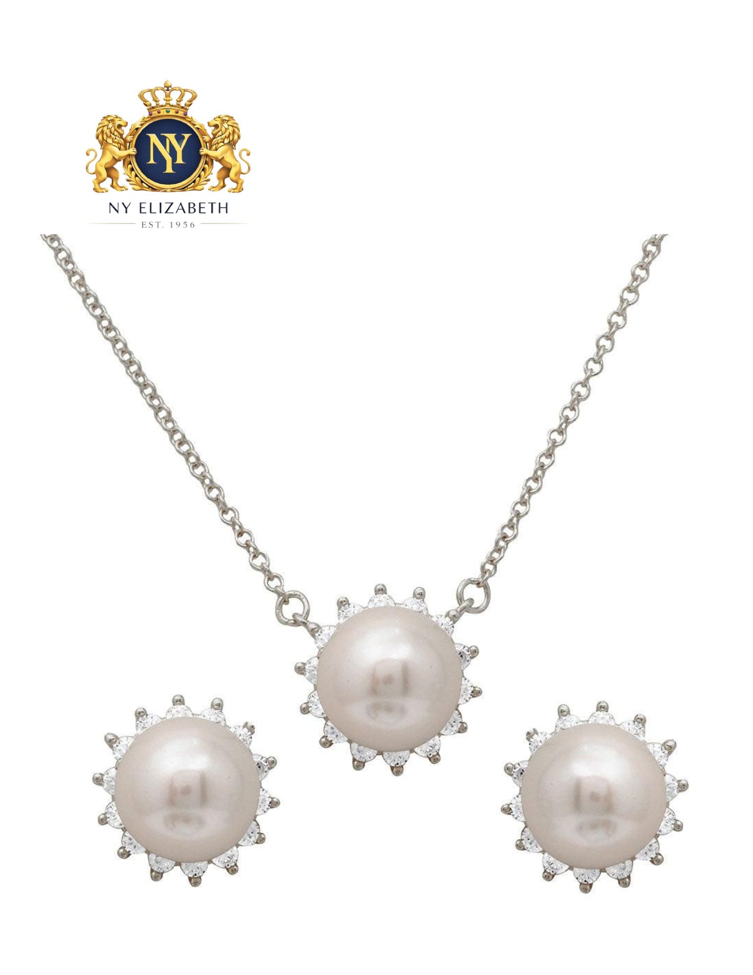 RHODIUM PLATED 925 STERLING SILVER CENTER PEARL SET: Rhodium Plated 925 Sterling Silver CZ Center Pearl Set Metal: 925 Sterling Silver Plating: Nickel Free Rhodium Plated Stone: Cubic Zirconia Stones / Fresh Water Pearl Dimensions: Set Earrings: 10mmSet