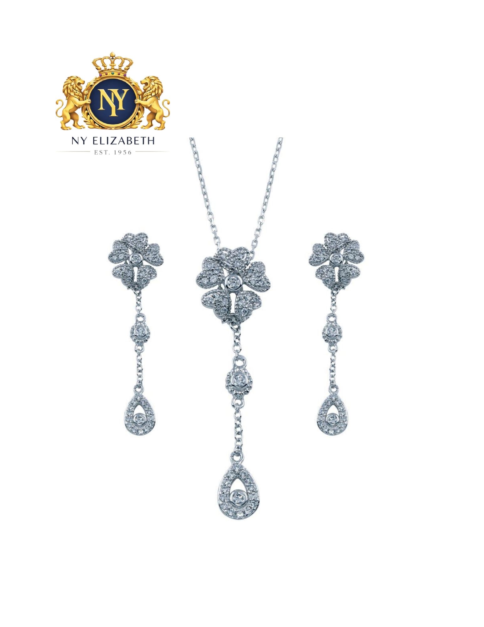 RHODIUM PLATED 925 STERLING SILVER CLEAR FLOWER SET: Rhodium Plated 925 Sterling Silver Clear Flower CZ Set Metal: 925 Sterling Silver Plating: Nickel Free Rhodium Plated Stone: Clear Cubic Zirconia Length: 16 + 2 Inches Extension Accessories: None N
