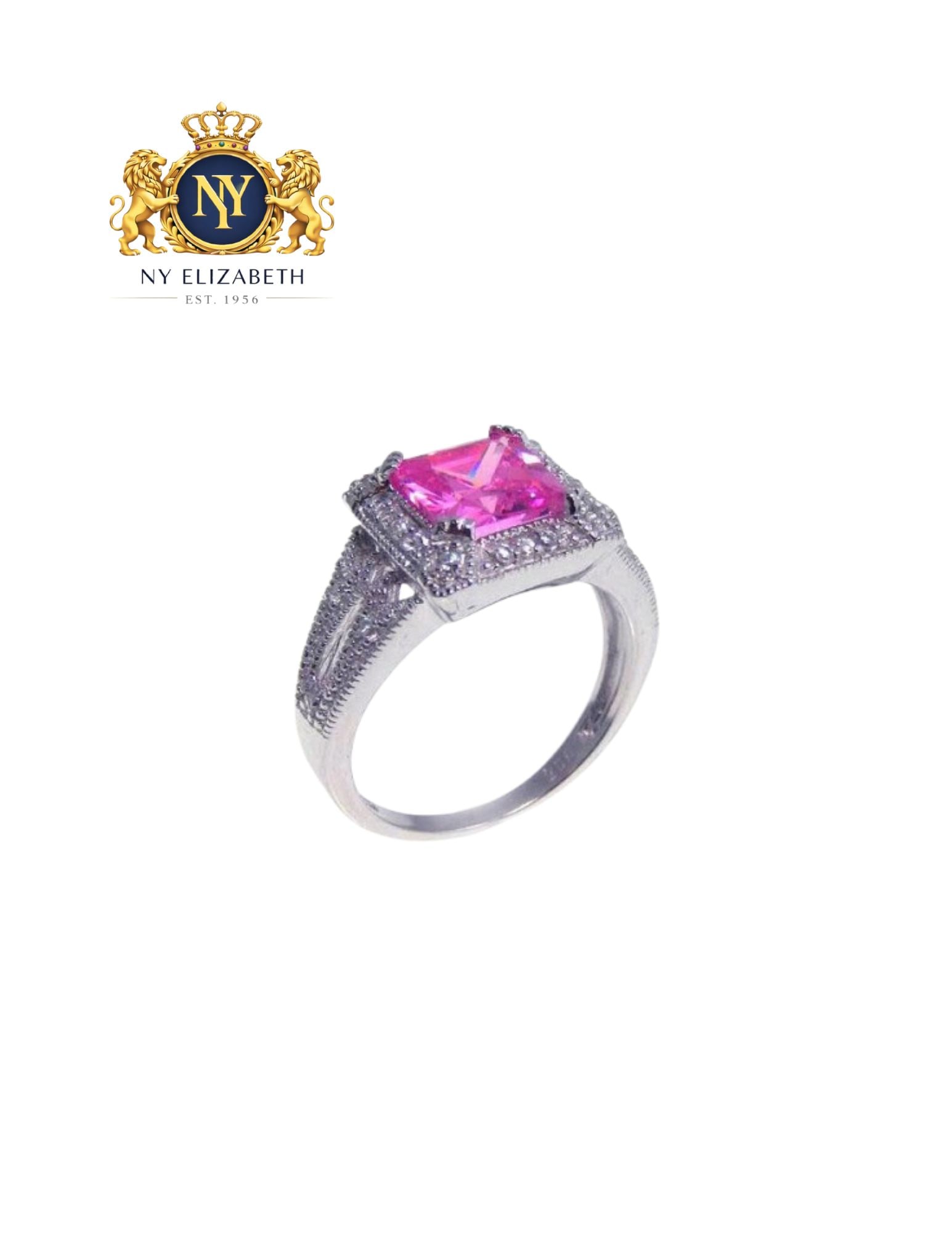 SILVER 925 RHODIUM PLATED PRINCESS CUT PINK AND RING: Silver 925 Rhodium Plated Princess Cut Pink and CZ Ring Metal: 925 Sterling Silver Plating: Nickel Free Rhodium Plated Stone: Clear Cluster CZ Ring Size:: 6 US Accessories: None Notice: When purcha