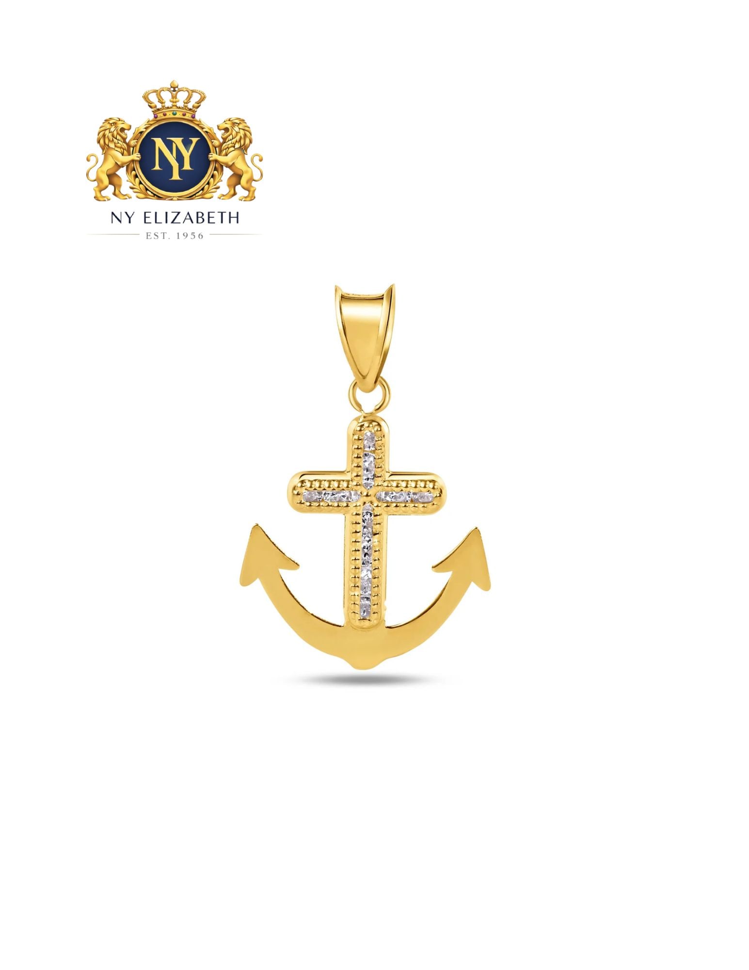 14 KARAT YELLOW GOLD ANCHOR BEADED CROSS CLEAR PENDANT: 14 Karat Yellow Gold Anchor Beaded Cross Clear CZ Pendant Metal: 14 Karat Gold Stone: Clear CZ Stones Dimensions: 15.1mm x 18.3mm Length: None Accessories: None Notice: When purchasing pre-owned go