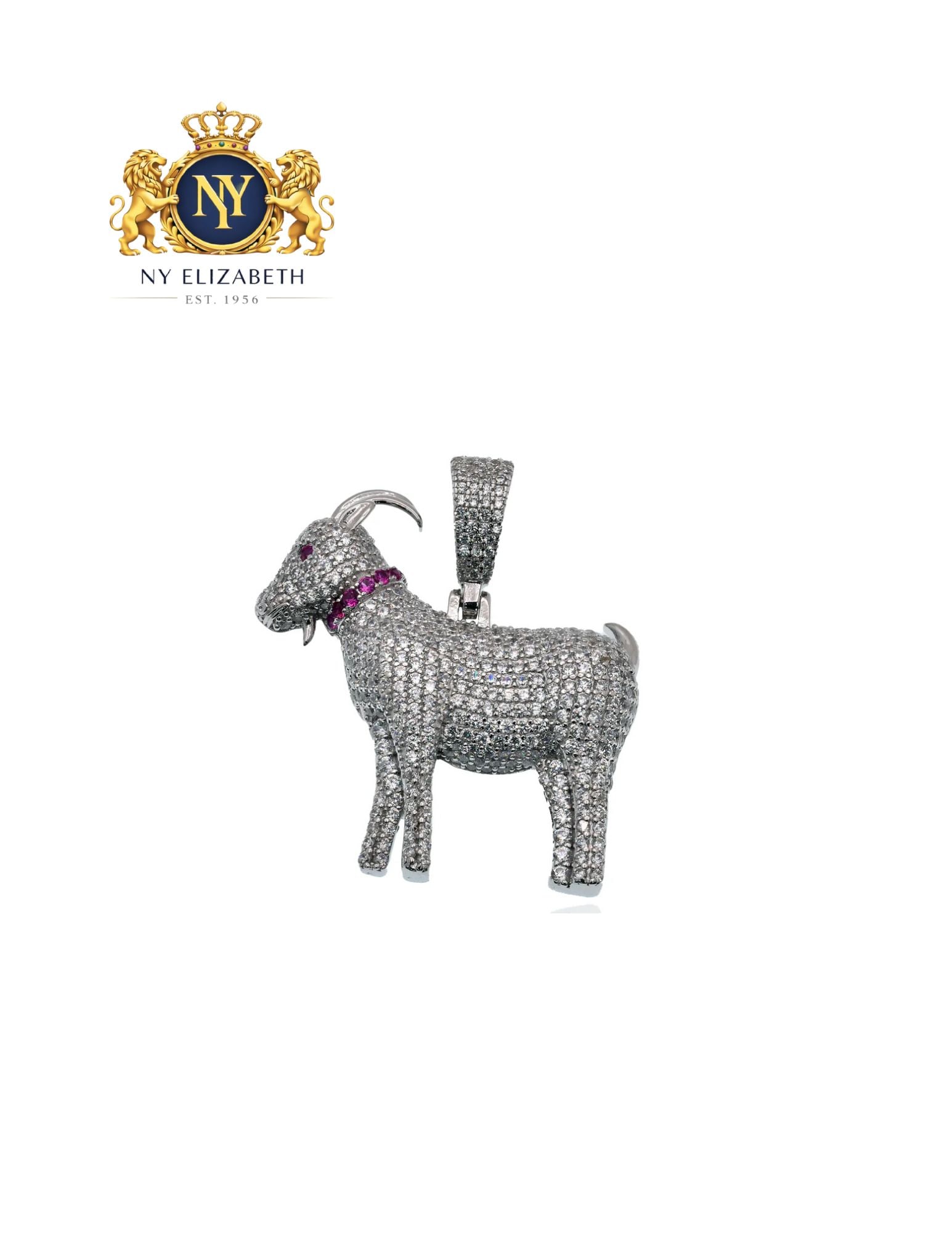 RHODIUM PLATED 925 STERLING SILVER GOAT RED AND CLEAR PENDANT: Rhodium Plated 925 Sterling Silver Goat Red and Clear CZ Pendant Metal: 925 Sterling Silver Plating: Rhodium Plated Stone: Red and Clear CZ Dimensions: 33.6mm x 34mm, Bail Size: 5.5mm Length: None