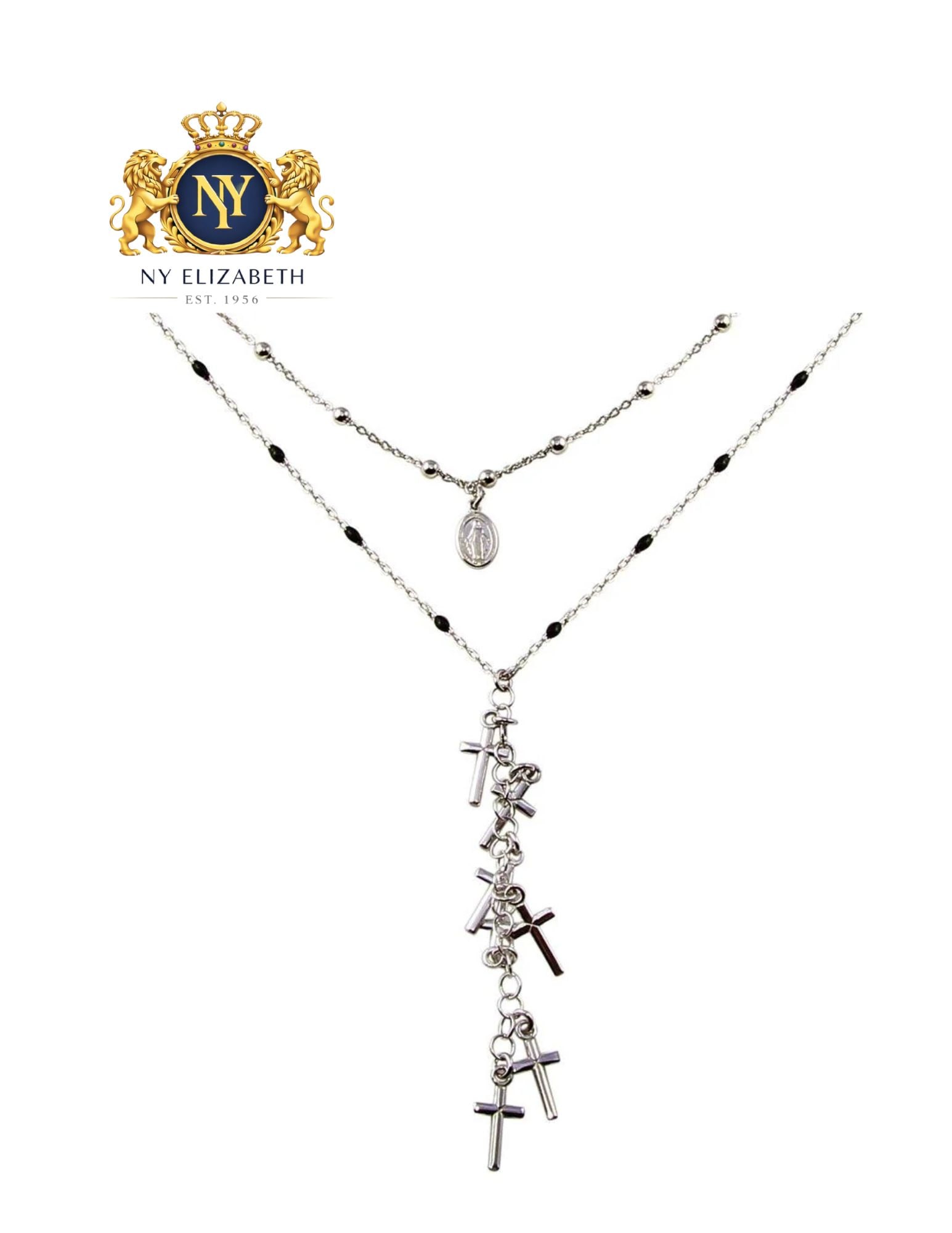 RHODIUM PLATED 925 STERLING SILVER NECKLACE: Rhodium Plated 925 Sterling Silver Necklace Metal: 925 Sterling Silver Plating: Nickel Free Rhodium Plated Dimensions: Cross: 6.5mm x 13.4mm / Bead: 2.5 Length: 16 + 2 Inches Extension Accessories: No