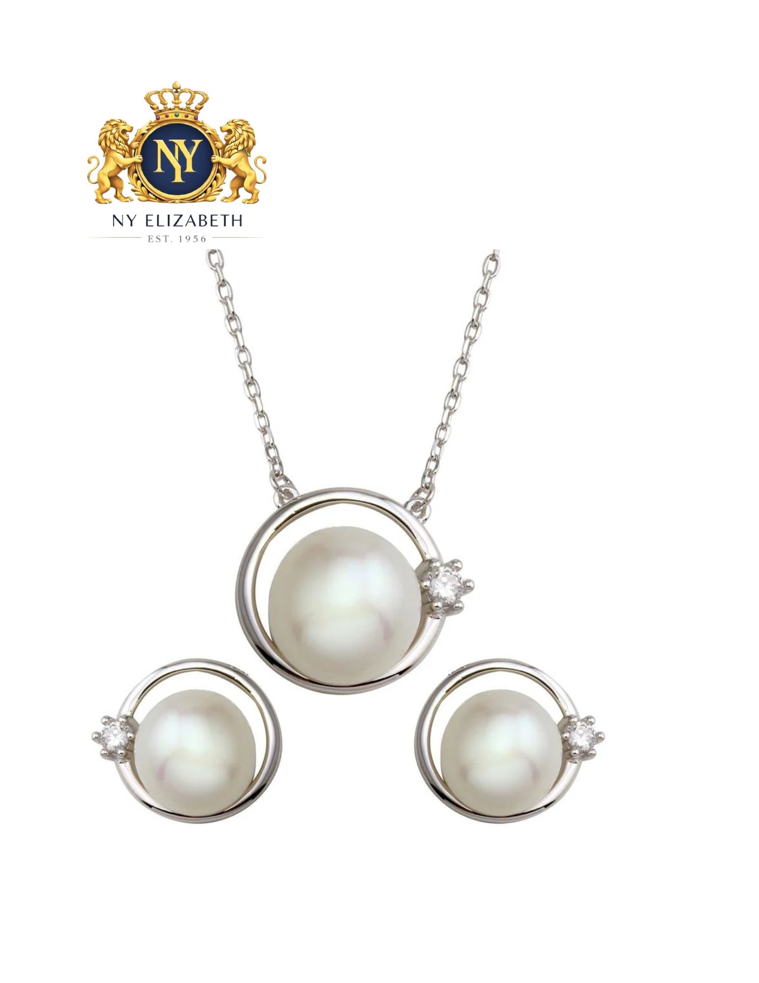 RHODIUM PLATED 925 STERLING SILVER ROUND PEARL WITH SET: Rhodium Plated 925 Sterling Silver Round Pearl with CZ Set Metal: 925 Sterling Silver Plating: Nickel Free Rhodium Plated Stone: 3 Cubic Zirconia Stones / 3 Synthetic Pearl Dimensions: 10.6mm Length: 