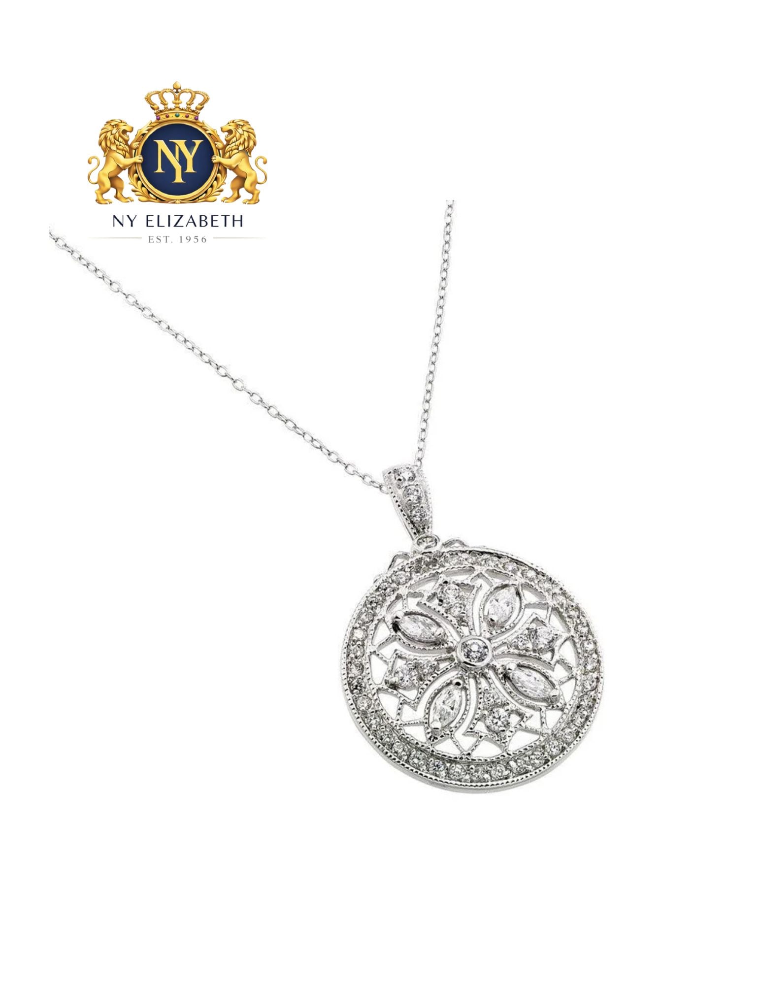 SILVER 925 RHODIUM PLATED DISC DESIGNED FILIGREE NECKLACE: Silver 925 Rhodium Plated Disc Designed Filigree CZ Necklace Metal: 925 Sterling Silver Plating: Nickel Free Rhodium Plated Stone: Marquise Stones & Cubic Zirconia Stones Dimensions: 27mm x 27mm Lengt