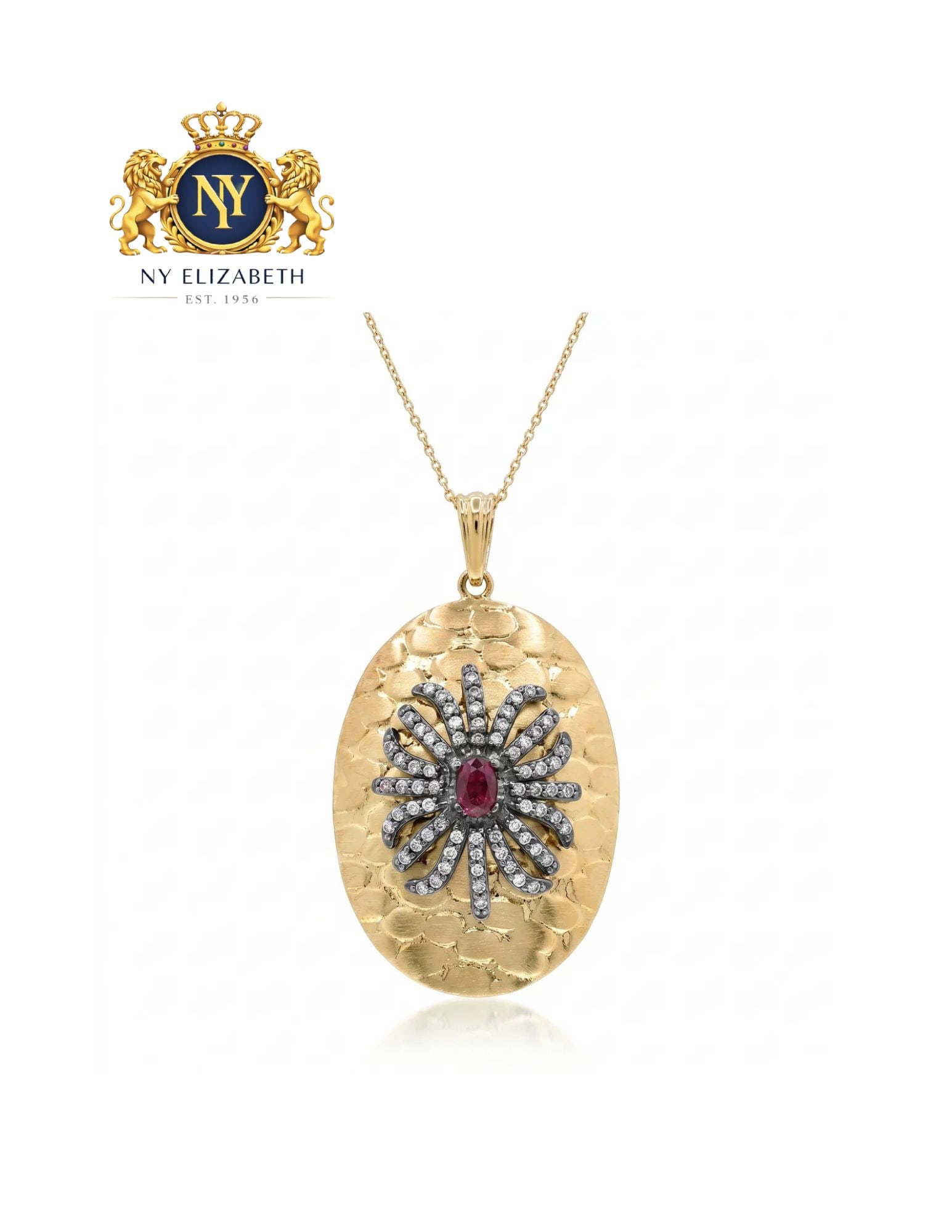TWO TONE 925 STERLING SILVER OVAL HAMMERED STARBURST & RUBY PENDANT NECKLACE: Two Tone 925 Sterling Silver Oval Hammered CZ Starburst & Ruby Pendant Necklace Metal: 925 Sterling Silver Plating: Nickel Free Black Rhodium and Gold Plated Stone: Clear Oval And Clear Round CZ Dimen