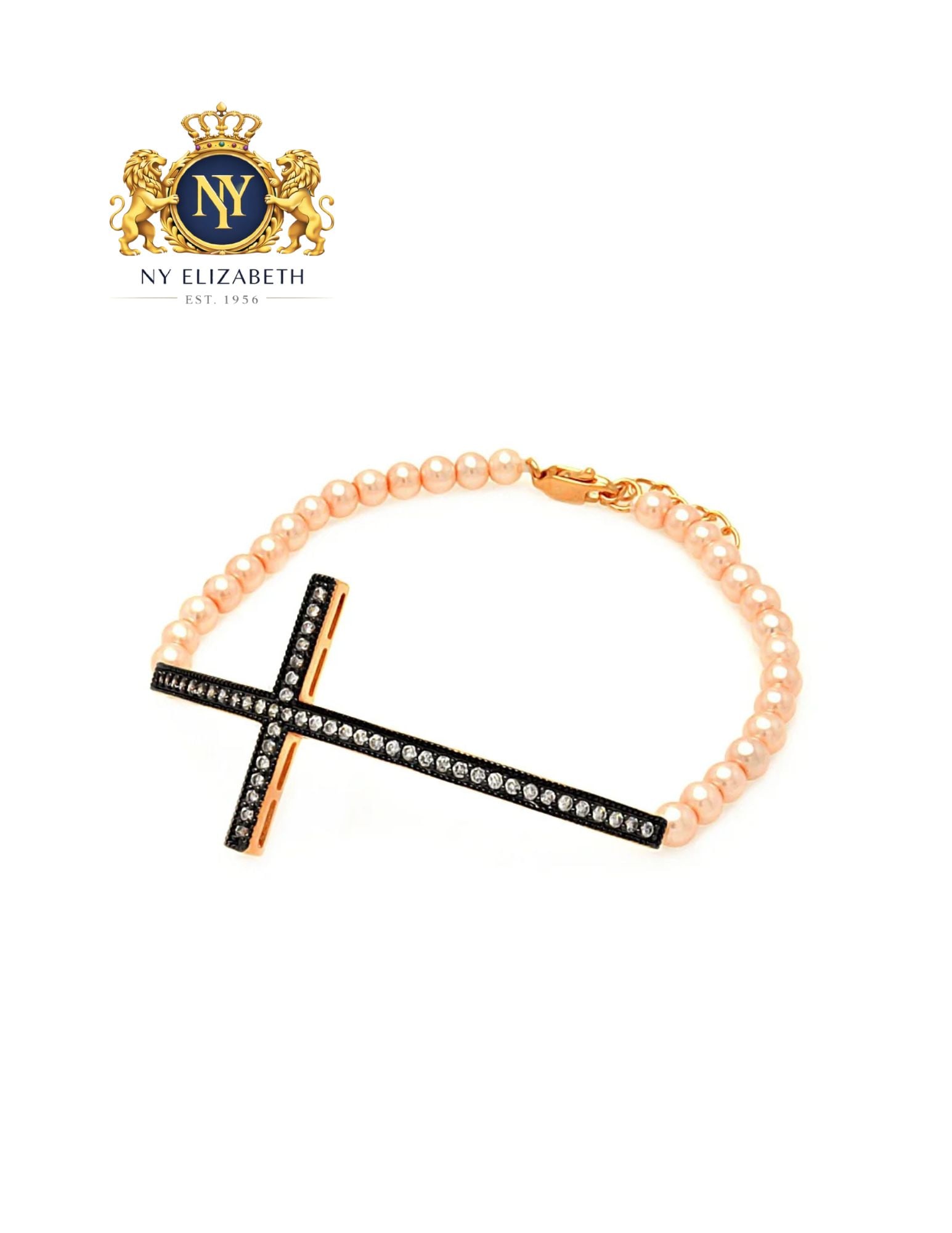 SILVER 925 GOLD AND BLACK RHODIUM PLATED SIDEWAYS CROSS CHAMPAGNE PEARL BRACELET: Silver 925 Gold and Black Rhodium Plated Sideways Cross CZ Champagne Pearl Bracelet Metal: 925 Sterling Silver Plating: Rose Gold Plated Stone: Synthetic Pearl and Cubic Zirconia Dimensions: 27.3mm x 