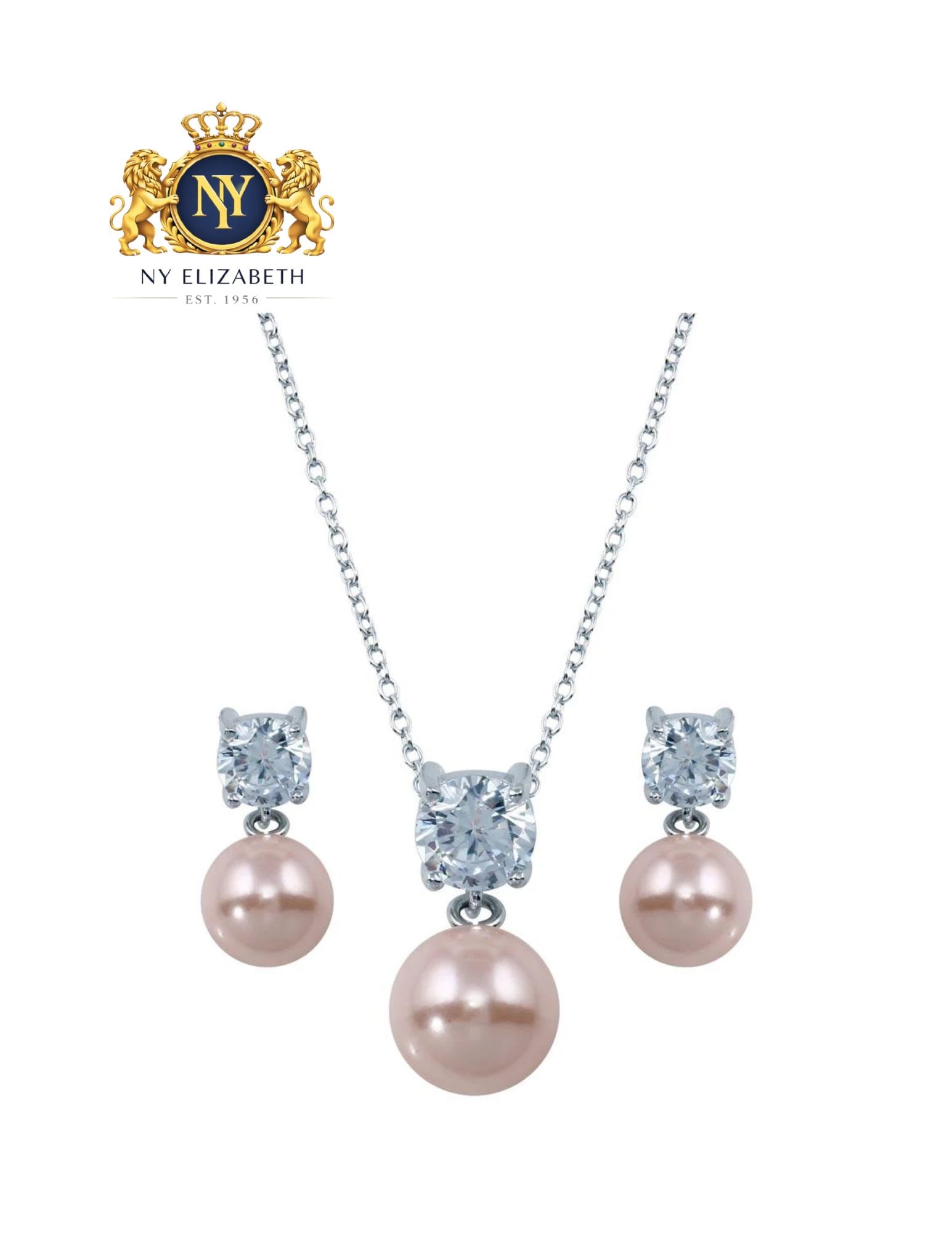 RHODIUM PLATED 925 STERLING SILVER PINK PEARL DANGLING STUD EARRING AND NECKLACE SET: Rhodium Plated 925 Sterling Silver Pink Pearl Dangling Stud Earring and Necklace Set Metal: 925 Sterling Silver Plating: Nickel Free Rhodium Plated Dimensions: pearl: 11.2mm cubic zirconia: 6.9mm, Ear