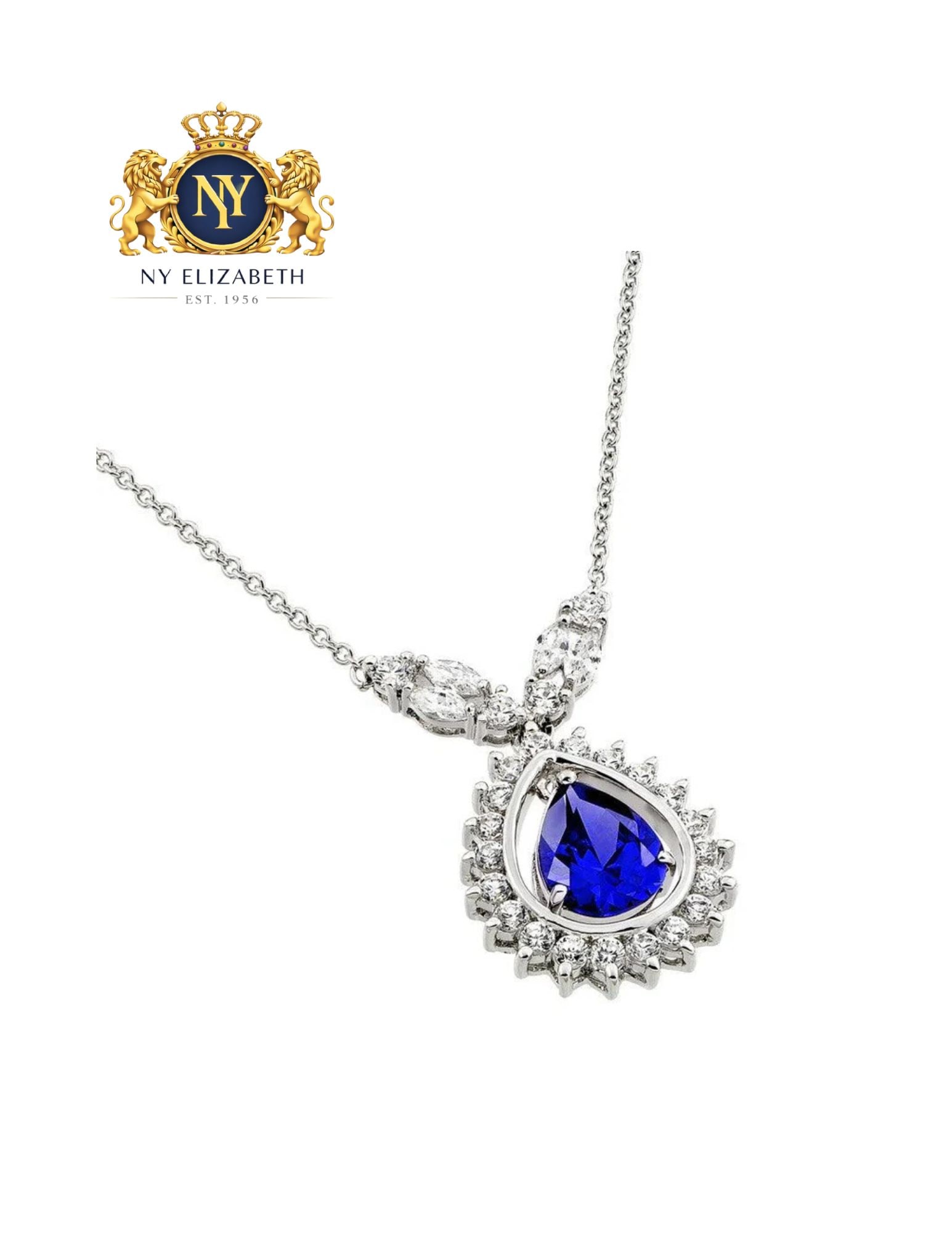 SILVER 925 RHODIUM PLATED BLUE PENDANT NECKLACE: Silver 925 Rhodium Plated Blue CZ Pendant Necklace Metal: 925 Sterling Silver Plating: Nickel Free Rhodium Plated Stone: Cubic Zirconia Stones Dimensions: 20mm x 32mm Length: 16 + 2 inch Extension
