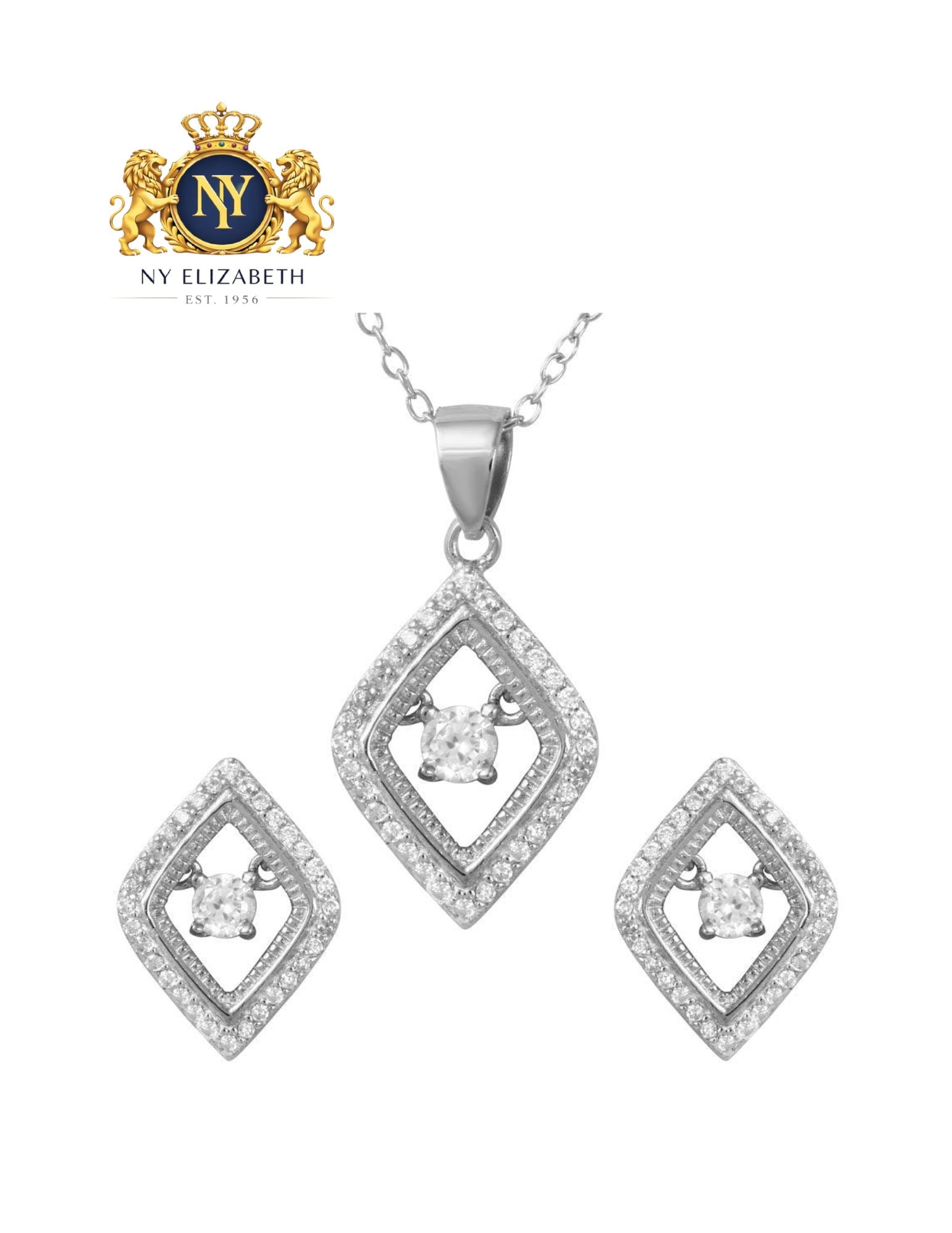 RHODIUM PLATED 925 STERLING SILVER OPEN DIAMOND SHAPED SET WITH DANGLING ROUND IN THE CENTER: Rhodium Plated 925 Sterling Silver Open Diamond Shaped Set with Dangling Round CZ in the Center Metal: 925 Sterling Silver Plating: Nickel Free Rhodium Plated Stone: Clear Round CZ Stone Dimensions: P