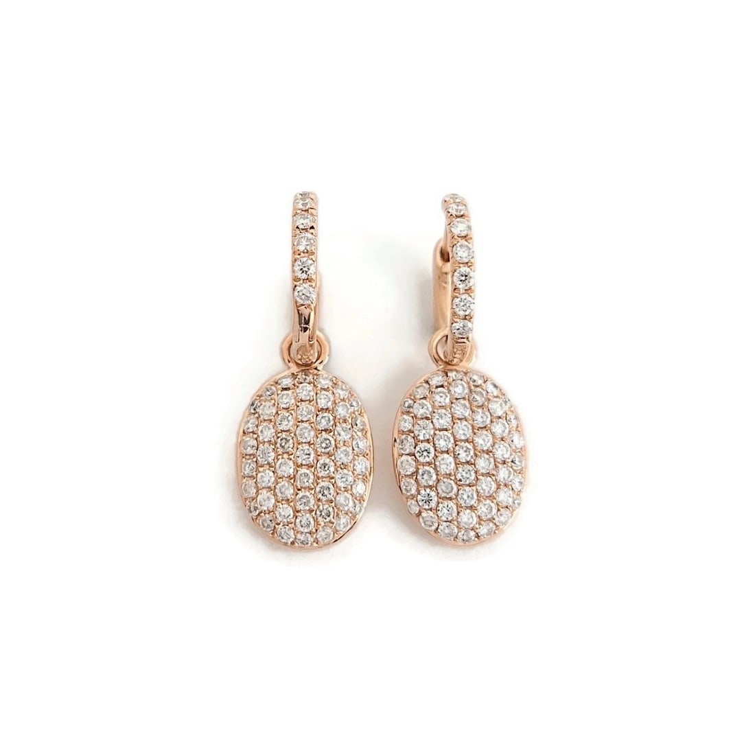 PAVE DIAMOND OVAL EARRINGS 14K PINK ROSE GOLD: Pave Diamond Oval Earrings 14K Pink Rose Gold Brand: Unbranded Type/Style: Earrings Material: 14K Pink Rose Gold, Main Stone Natural Color: Gold Size: Length: 1 inch, Width: 9.5 mm Accessories: No