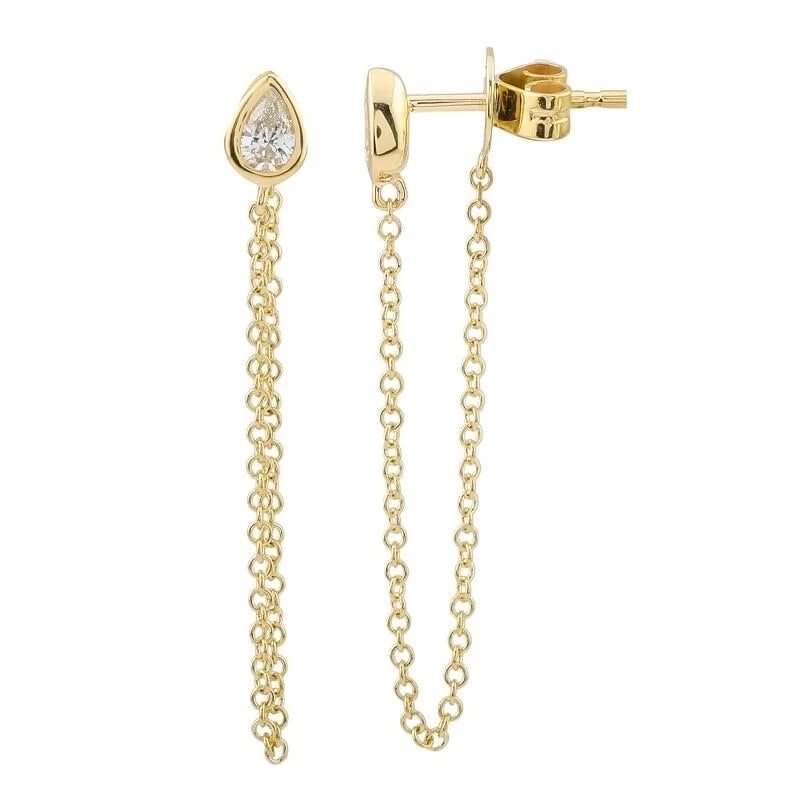 PEAR DIAMOND BEZEL CHAIN EARRINGS 14K YELLOW GOLD: Pear Diamond Bezel Chain Earrings 14K Yellow Gold Brand: Unbranded Type/Style: Earrings Material: 14K Yellow Gold, Main Stone Natural Color: Gold Size: Length: 1.25 inWidth: 3.9 mm Accessories: No