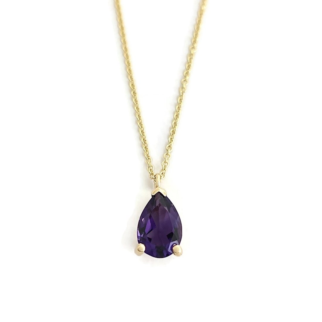 PEAR PURPLE AMETHYST GEMSTONE TEARDROP PENDANT NECKLACE: Pear Purple Amethyst Gemstone Teardrop Pendant Necklace Brand: Unbranded Type/Style: Necklace Material: 14K Yellow Gold, Main Stone Natural Color: Purple Size: Length: 16 inches Pendant: 12.6 mm (with