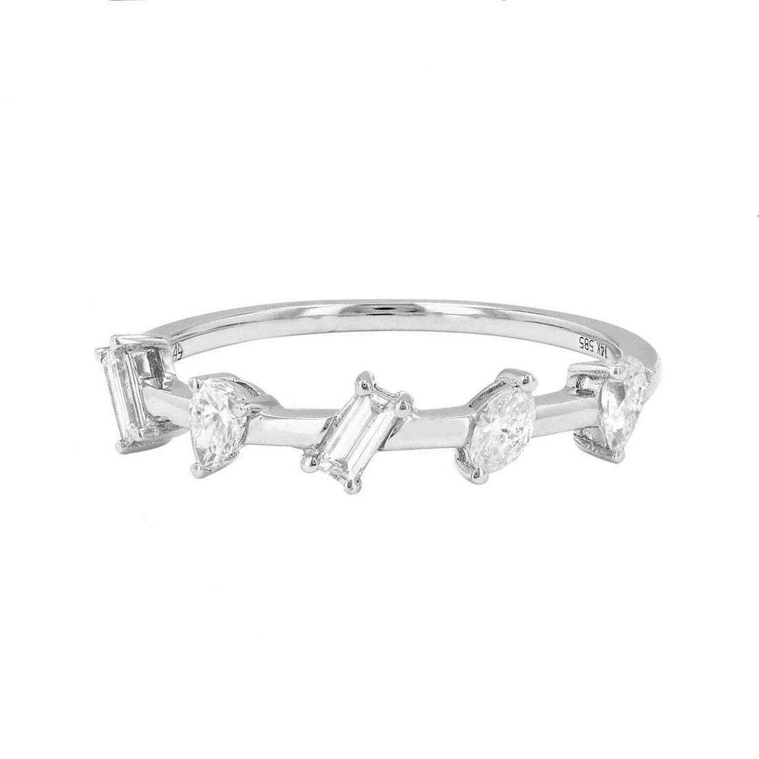 5-STONE MIXED MULTI-SHAPE RING BAND 14K WHITE GOLD: 5-Stone Mixed Multi-Shape Ring Band 14K White Gold Brand: Unbranded Type/Style: Ring Material: 14K White Gold, Main Stone Natural Color: Silver Size: 6.75 US Accessories: None Accessories