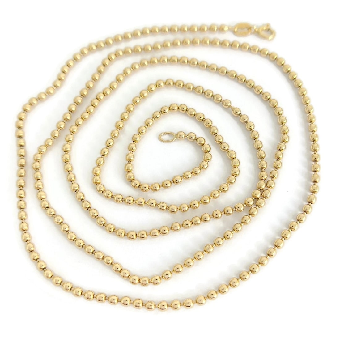 ITALIAN LONG BALL BEAD CHAIN NECKLACE 14K YELLOW GOLD: Italian Long Ball Bead Chain Necklace 14K Yellow Gold Brand: Unbranded Type/Style: Necklace Material: 14K Yellow Gold, Color: Gold Size: Length: 31.5 inches Width: 2.3 mm Accessories: None