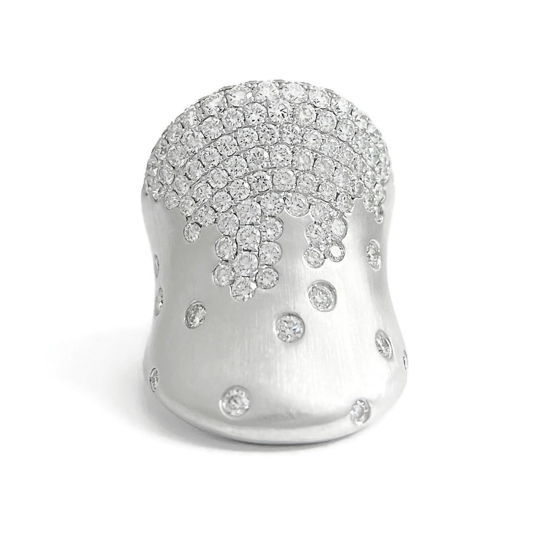 LONG PAVE SPECKLED DIAMOND CONCAVE STATEMENT RING 18K WHITE GOLD: Long Pave Speckled Diamond Concave Statement Ring 18K White Gold Brand: Unbranded Type/Style: Ring Material: 18K White Gold, Main Stone Natural Color: Silver Size: 6.75 US Accessories: None