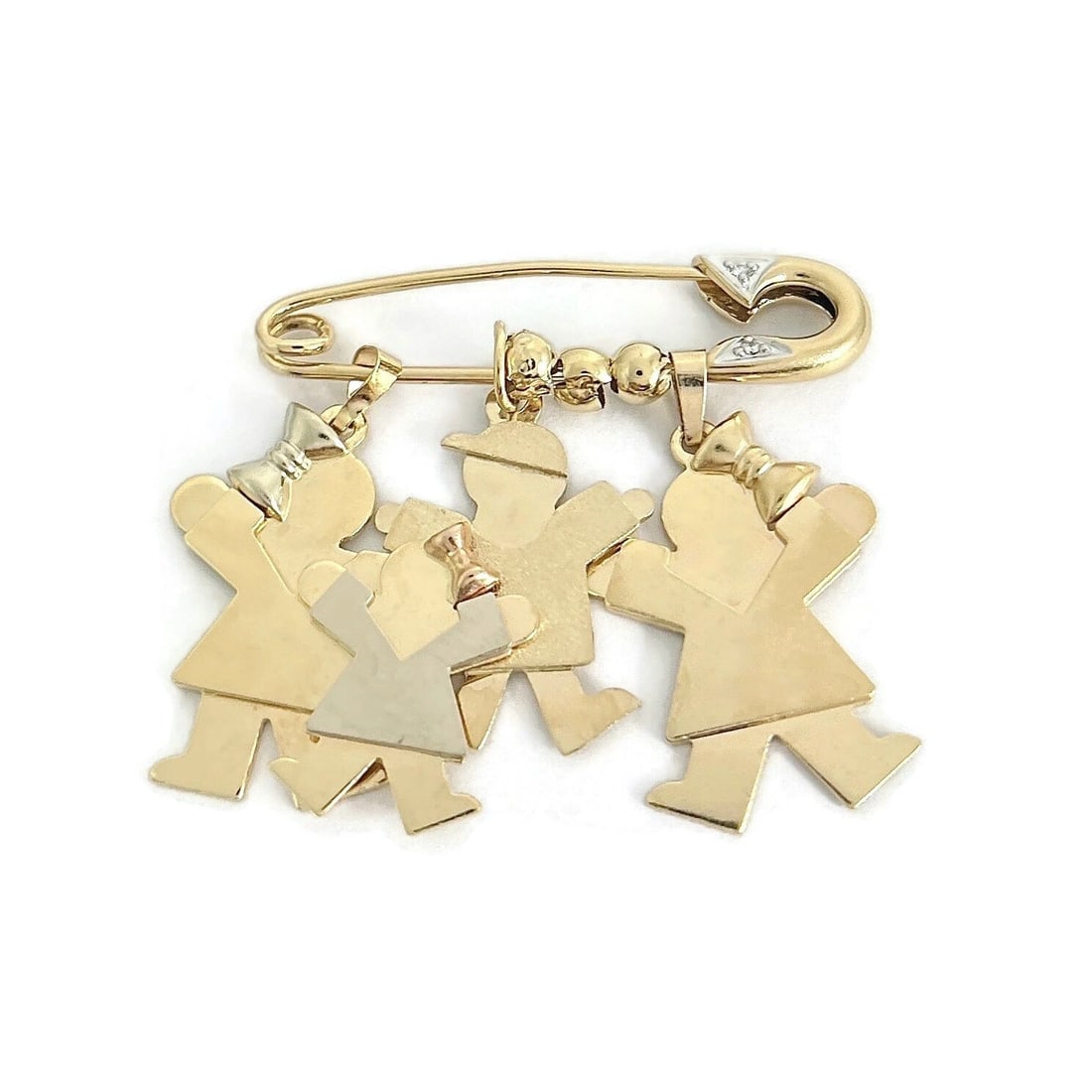 DIAMOND FAMILY SAFETY PIN BROOCH 14K YELLOW GOLD: Diamond Family Safety Pin Brooch 14K Yellow Gold Brand: Estate Type/Style: Brooch Material: 14K Yellow Gold, Main Stone Natural Color: Gold Size: Measurements: 1.5 inches x 1.5 inches Accessories: