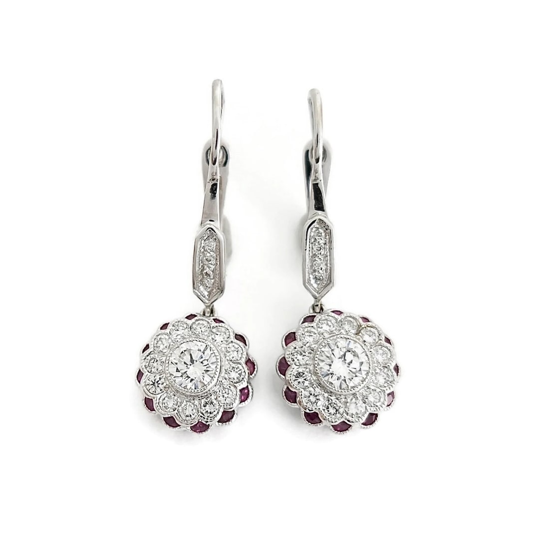 ROUND BEZEL DIAMOND RUBY EARRINGS 18K WHITE GOLD (1 of 2)