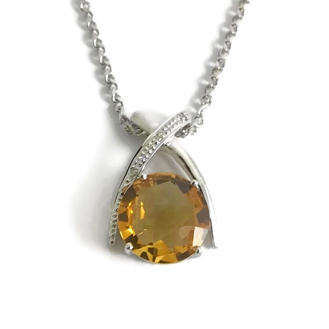 ITALIAN ROUND ORANGE CITRINE DIAMOND PENDANT NECKLACE 14K WHITE GOLD (1 of 4)