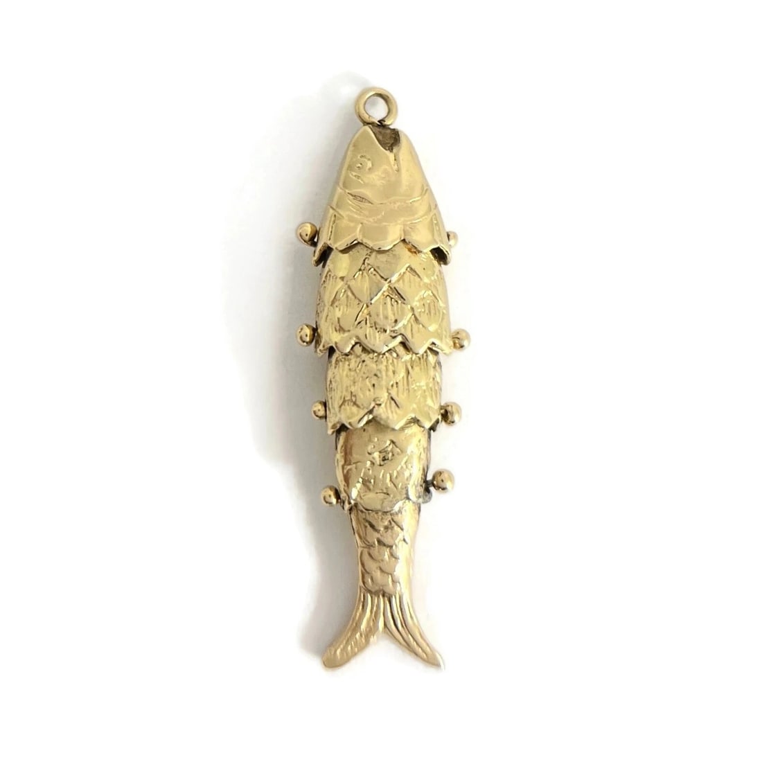 MOVEABLE FISH PENDANT CHARM 14K YELLOW GOLD: Moveable Fish Pendant Charm 14K Yellow Gold Brand: Unbranded Type/Style: Charm Material: 14K Yellow Gold, Color: Gold Size: Measurements: 1.75 inches (with bale) x 13.3 mm Accessories: None