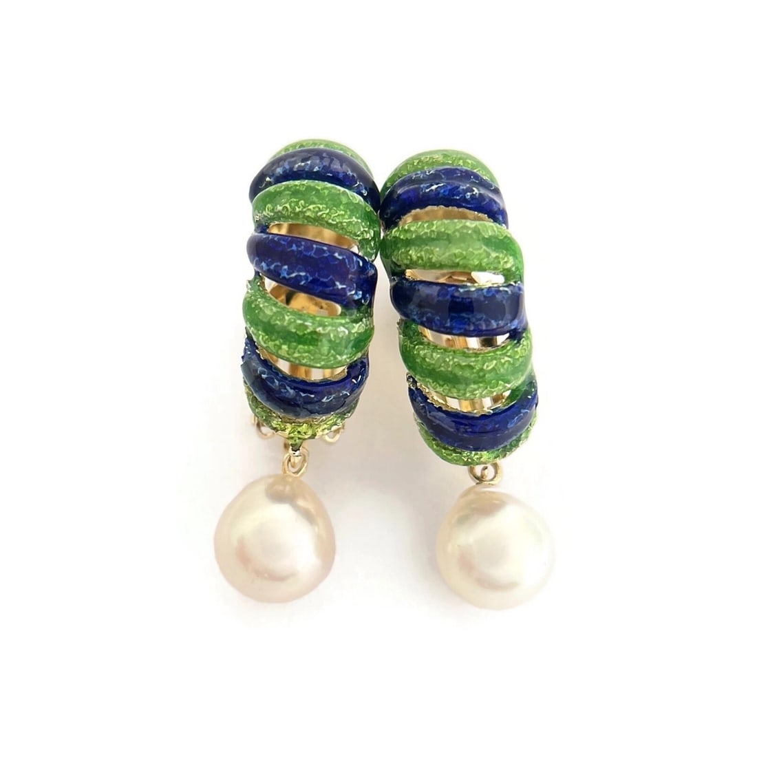 BLUE GREEN ENAMEL PEARL EARRINGS 14K YELLOW GOLD: Blue Green Enamel Pearl Earrings 14K Yellow Gold Brand: Imperial Pearl Syndicate Type/Style: Earrings Material: 14K Yellow Gold, Main Stone Cultured Color: Blue Size: Length: 1.5 inches Width: 10.5