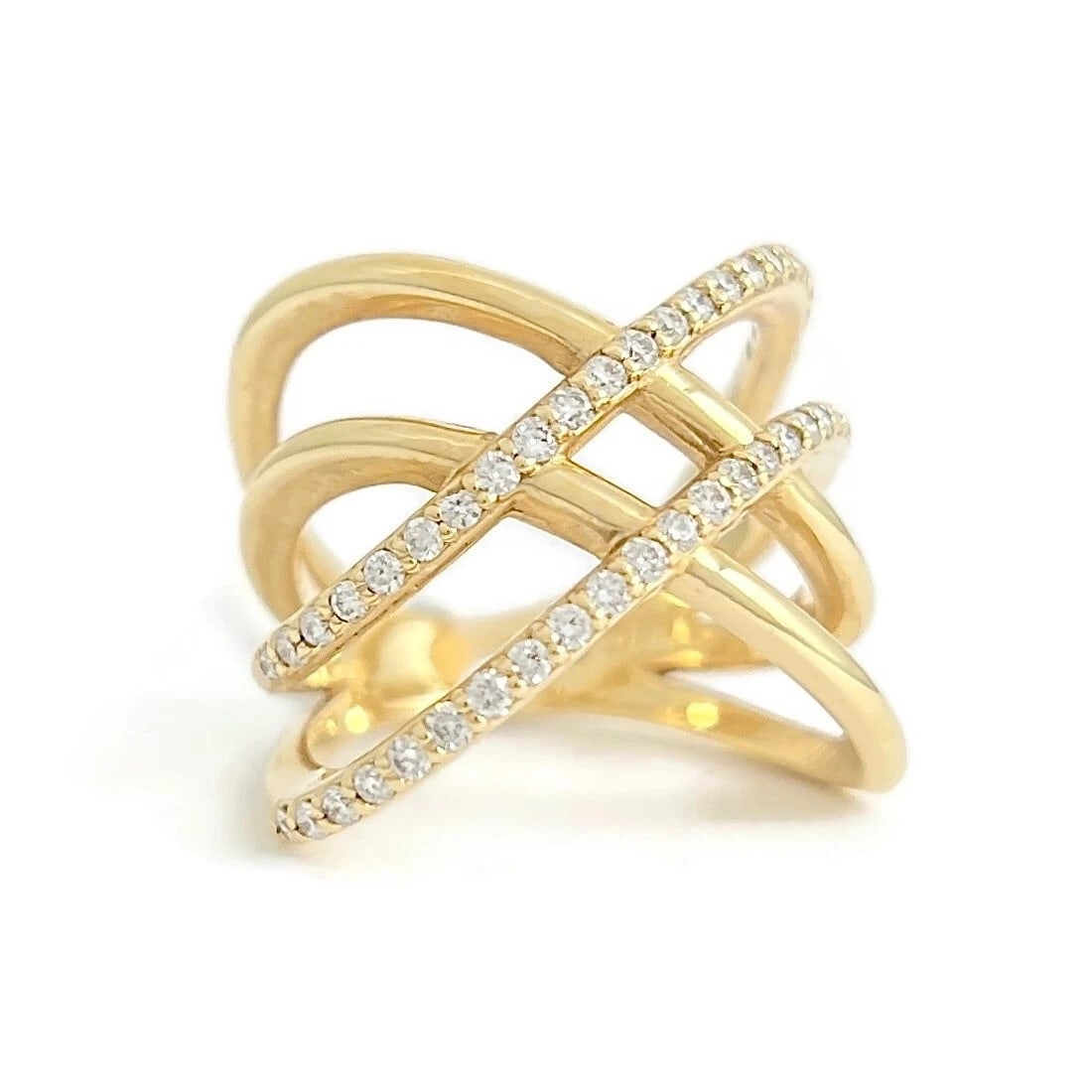WIDE DIAMOND MULTI CRISSCROSS CROSSOVER STATEMENT RING: Wide Diamond Multi Crisscross Crossover Statement Ring Brand: Unbranded Type/Style: Ring Material: 14K Yellow Gold, Main Stone Natural Color: Gold Size: 7 US Accessories: None Accessories